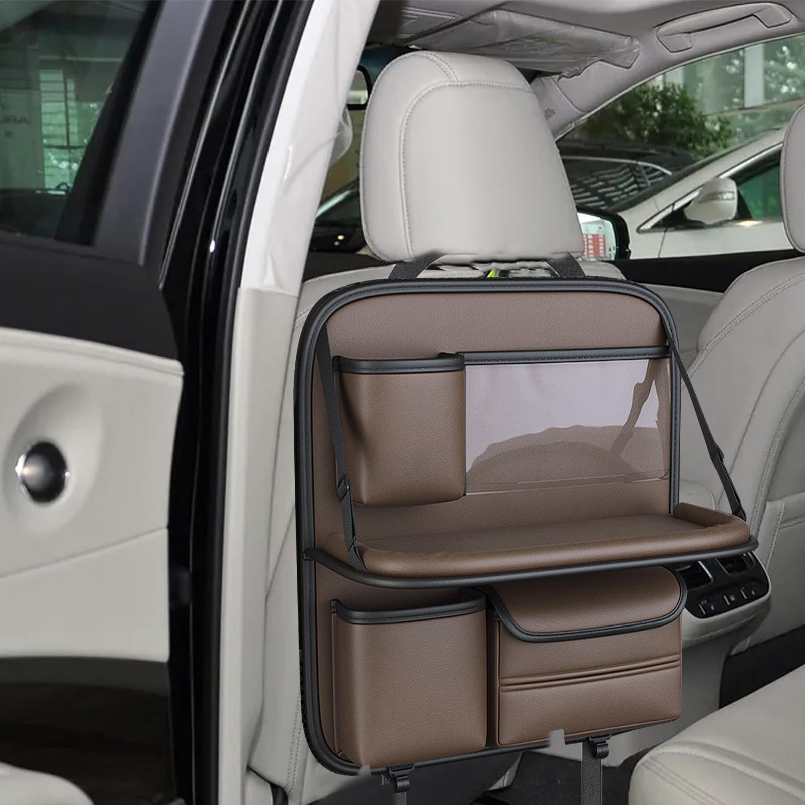 Opilroy dietro Organizzatore per seggiolino auto - Borsa portaoggetti | posteriore per seggiolino auto con piano pieghevole | Organizer per zaino con porta bicchiere, supporto per tablet, tasca