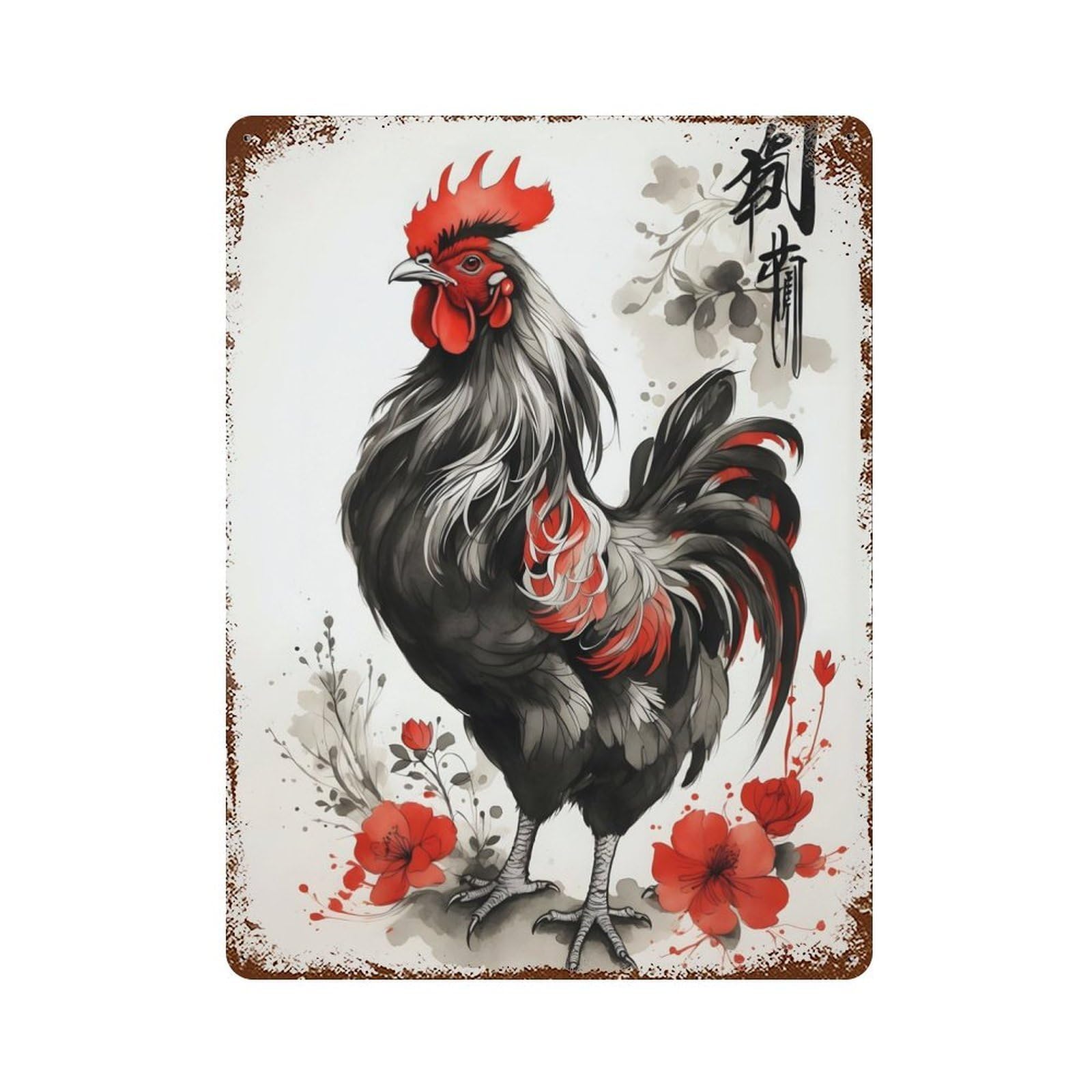 Rooster Chicken Japan Art Decorative Tin Sign 15.7"x11.8", for Bistro, Counter And Cafe Decor, Retro Wall Decor