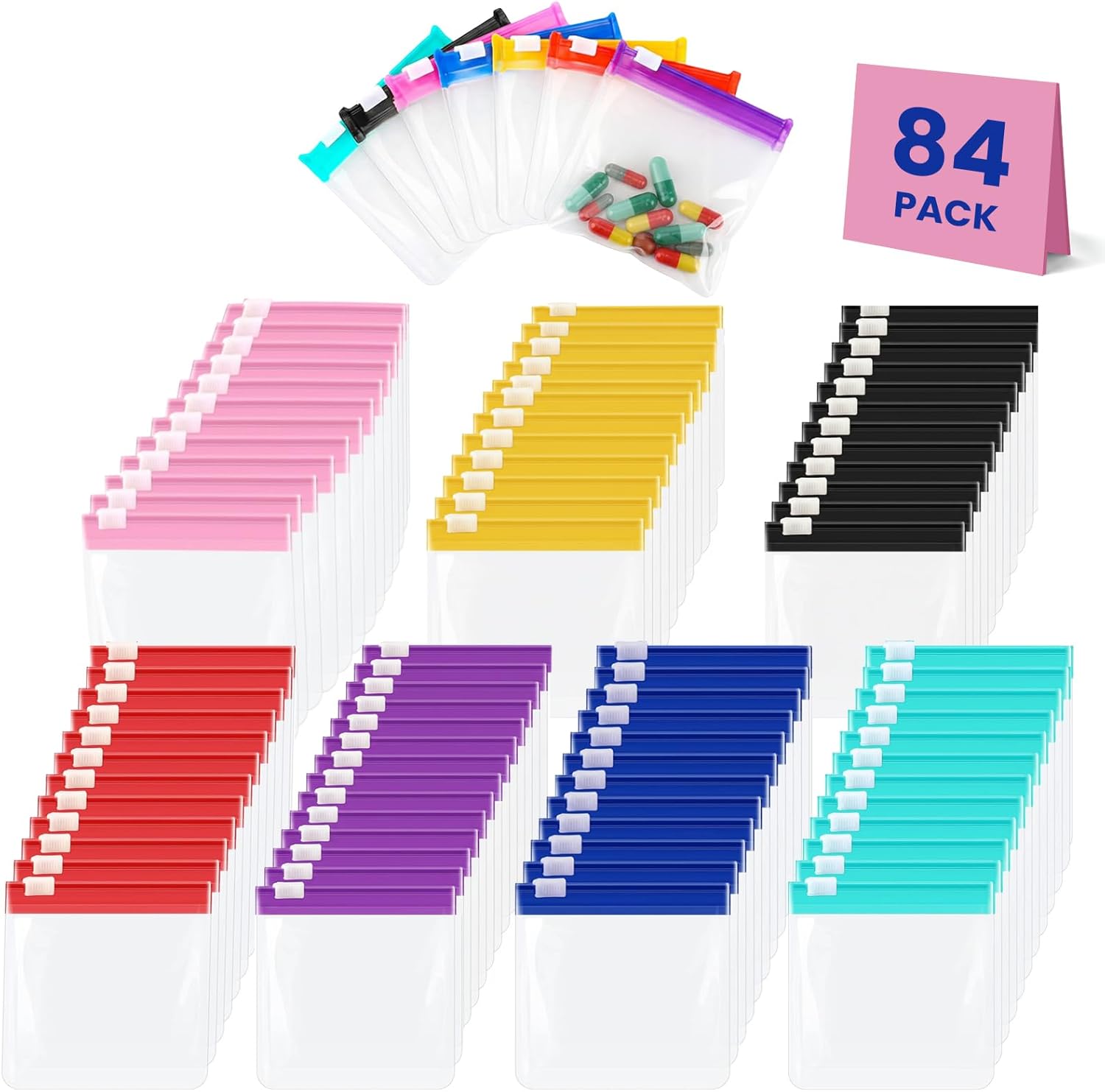 84 Pcs Reusable Travel Pill Bags for Medicine - 7 Colors Small Ziplock Pouches for Daily Vitamin Supplements - Portable Plastic Storage Packet Container for Purse Pocket | by Cotkkstt