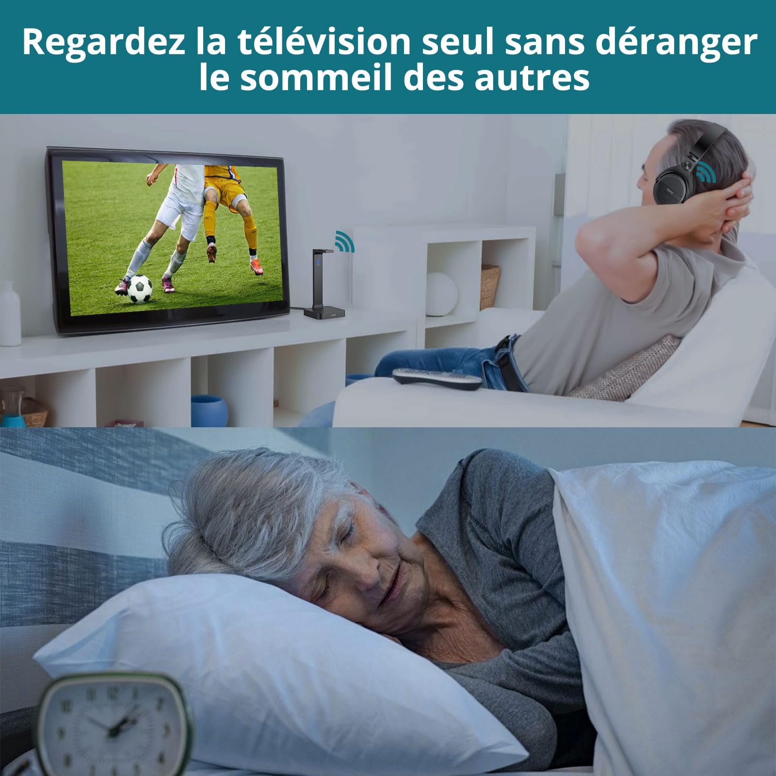 Casque sans Fil pour Télévision avec Station de Charge Émetteur RF 2,4 GHz Casque Supra-auriculaire avec Câble Optique à 3.5mm, Portée de 30 mètres et Batterie Rechargeable