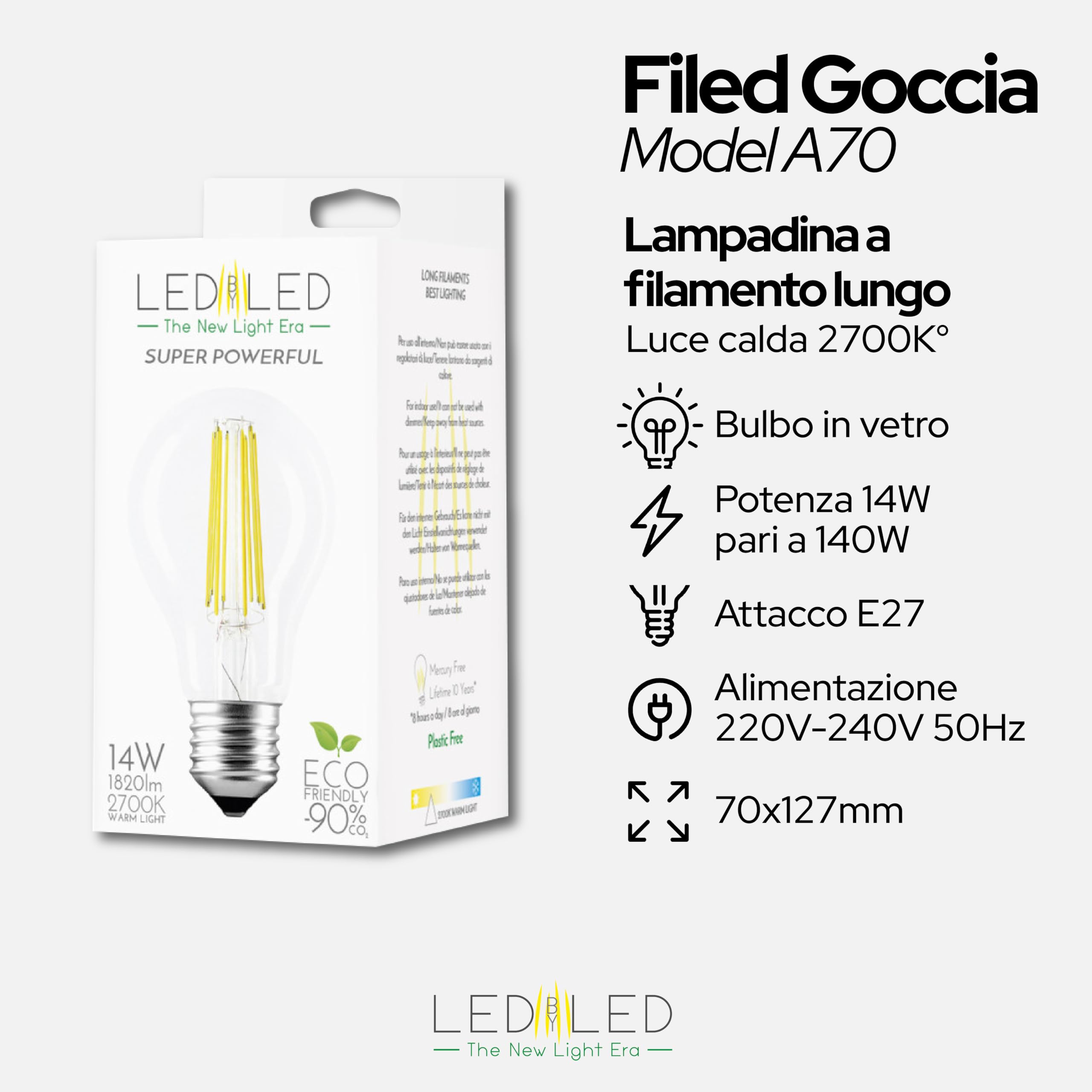 Lampadina Goccia 14W Pari a 140W, E27, Vetro Trasparente, 2700K Luce Naturale, filamento LED dritto, 1820 Lumen, Pack 10 Pezzi