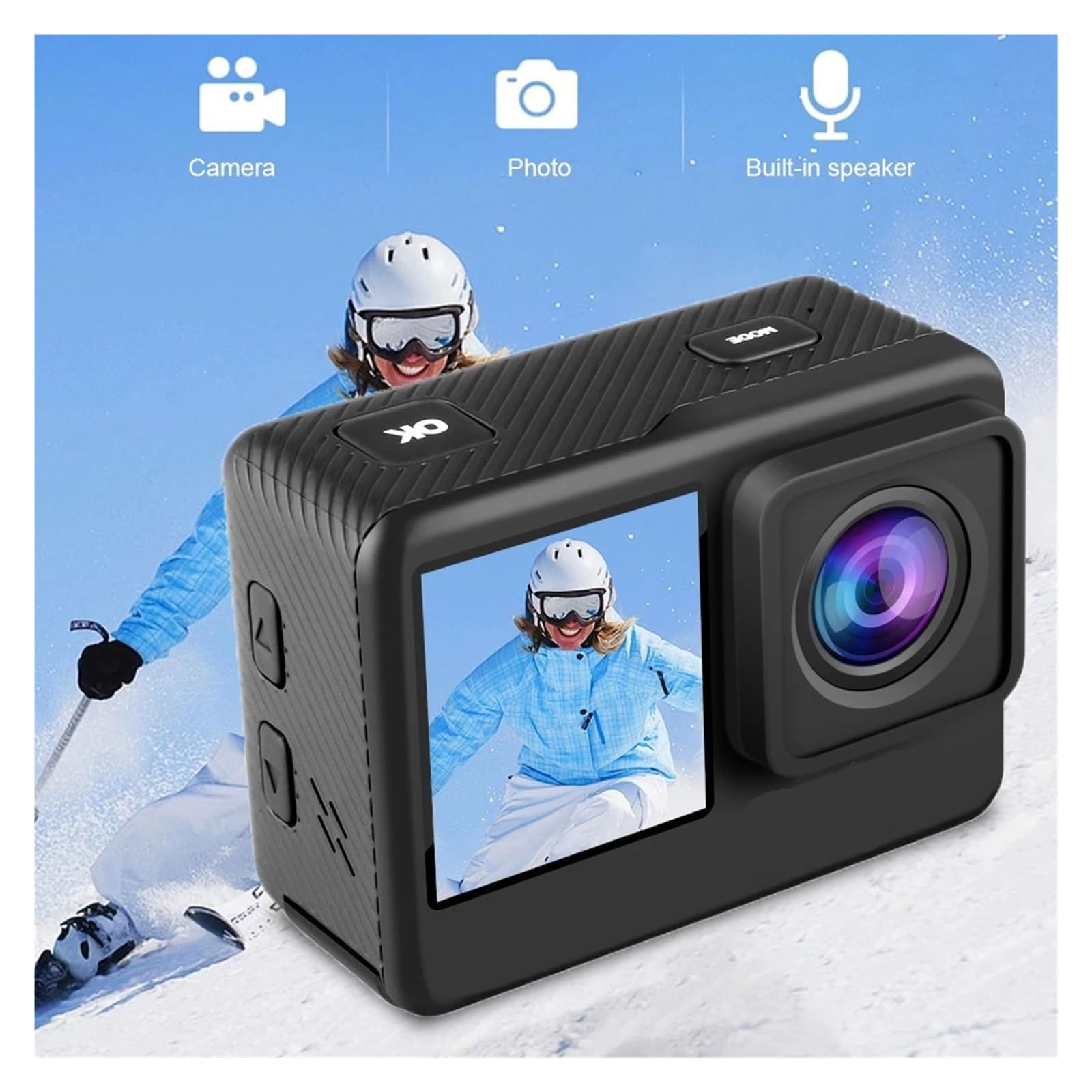 Macchina fotografica sportiva d'azione 4K UHD WiFi Obiettivo grandangolare da 120 ° 2.0 pollici IPS Display a doppio schermo Videocamera for registrazione video 30M impermeabile 1080P
