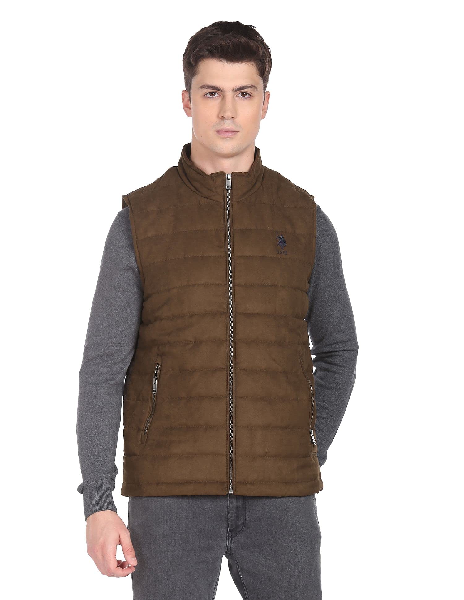 U.S. POLO ASSN.Men Polyester Gilet (Solids) - Suede Fabric Standard Length Jacket