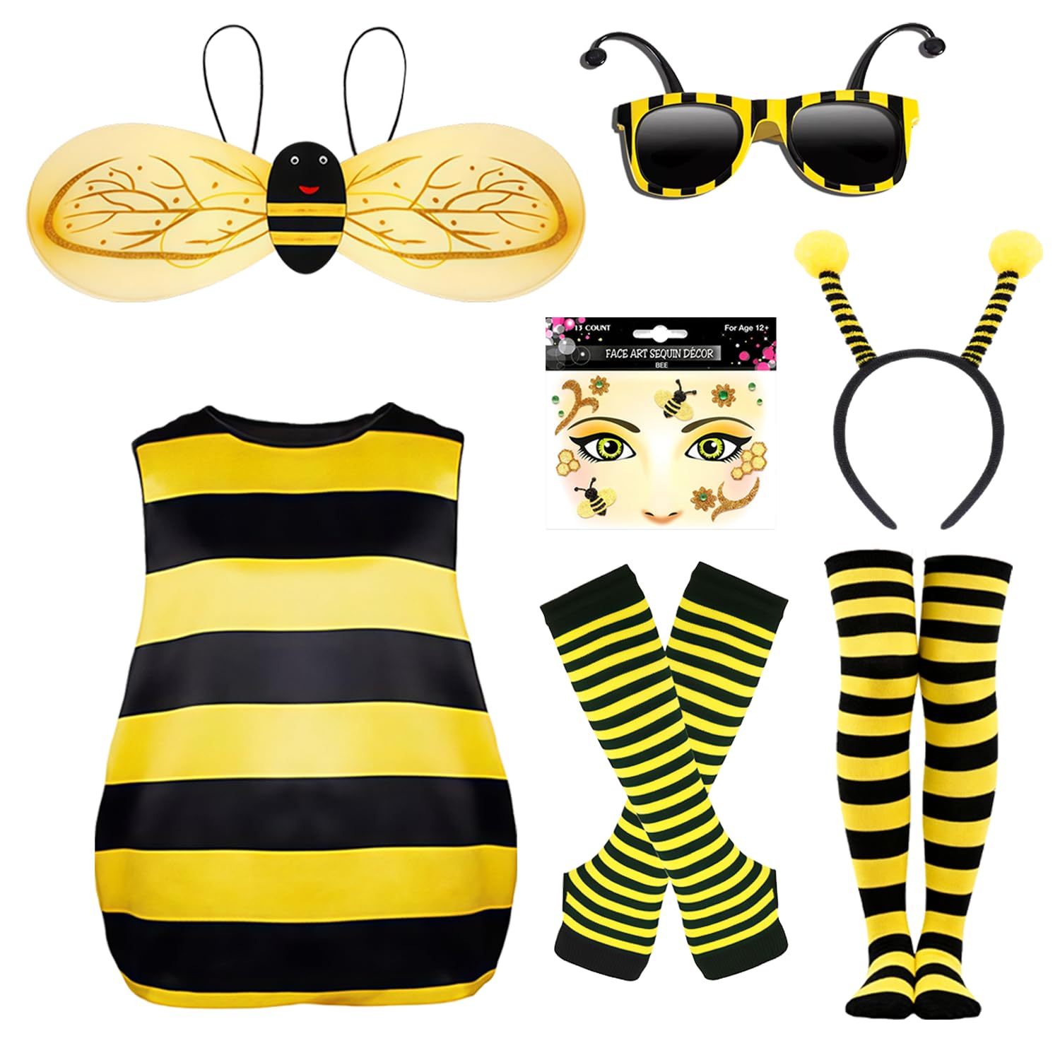 Disfraz de Abeja para Adulto, Disfraz de Abeja Mujer, Accesorios de Disfraces abeja con Alas Antena Diadema Pegatinas Gafas de Sol Guantes Calcetines para Carnaval Cosplay Animales Fiesta