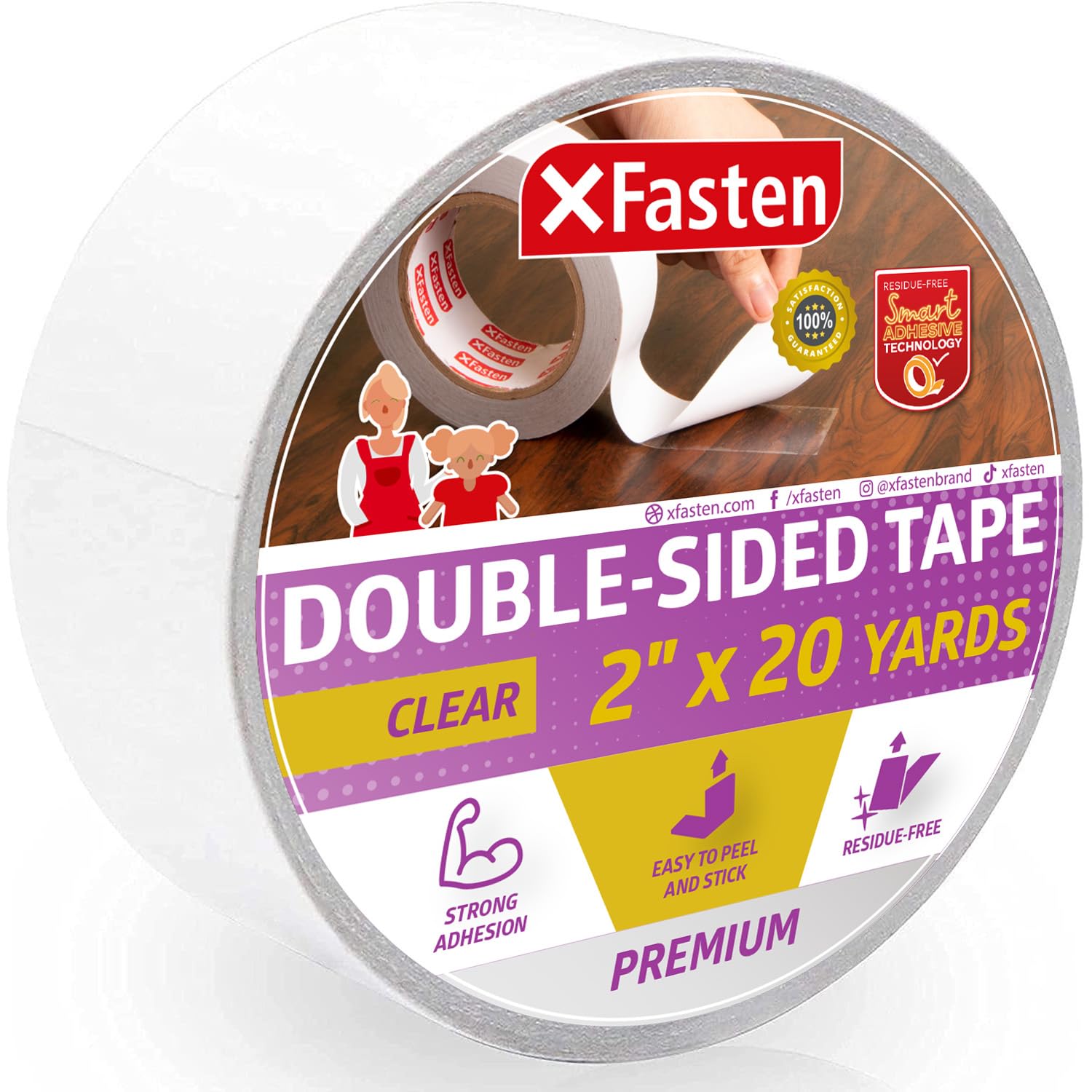 XFasten Clear Double Sided Sticky Tape, Removable, 2Inches x 20Yards