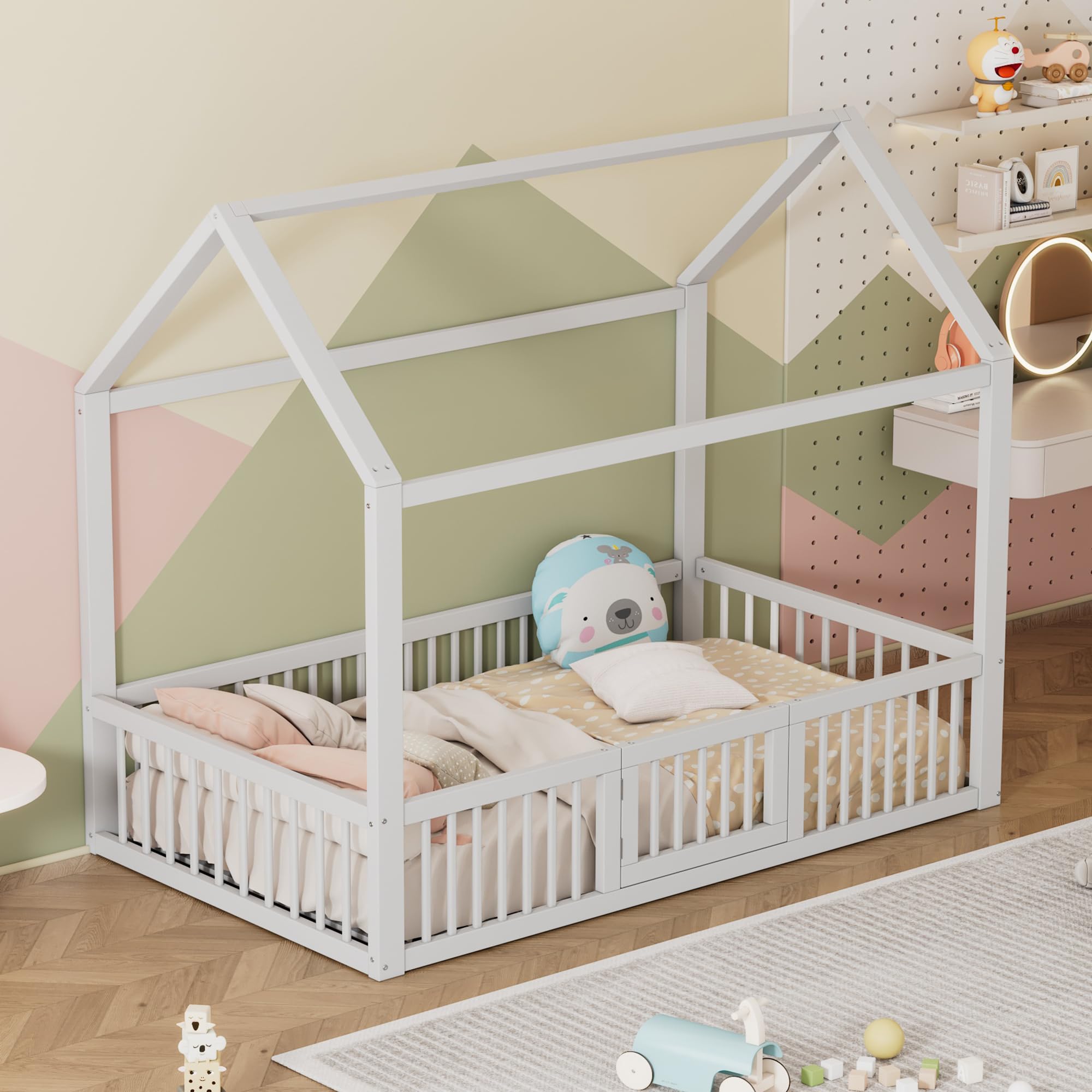 Kinderbett Hausbett 90x200 cm, Montessori Bodenbett mit Tür inkl. Rausfallschutz & Lattenrost, Massivholz Gitterbett Montessori Bett Babybett Kinder Jugendbett Einzelbett für Jungen & Mädchen, Weiß