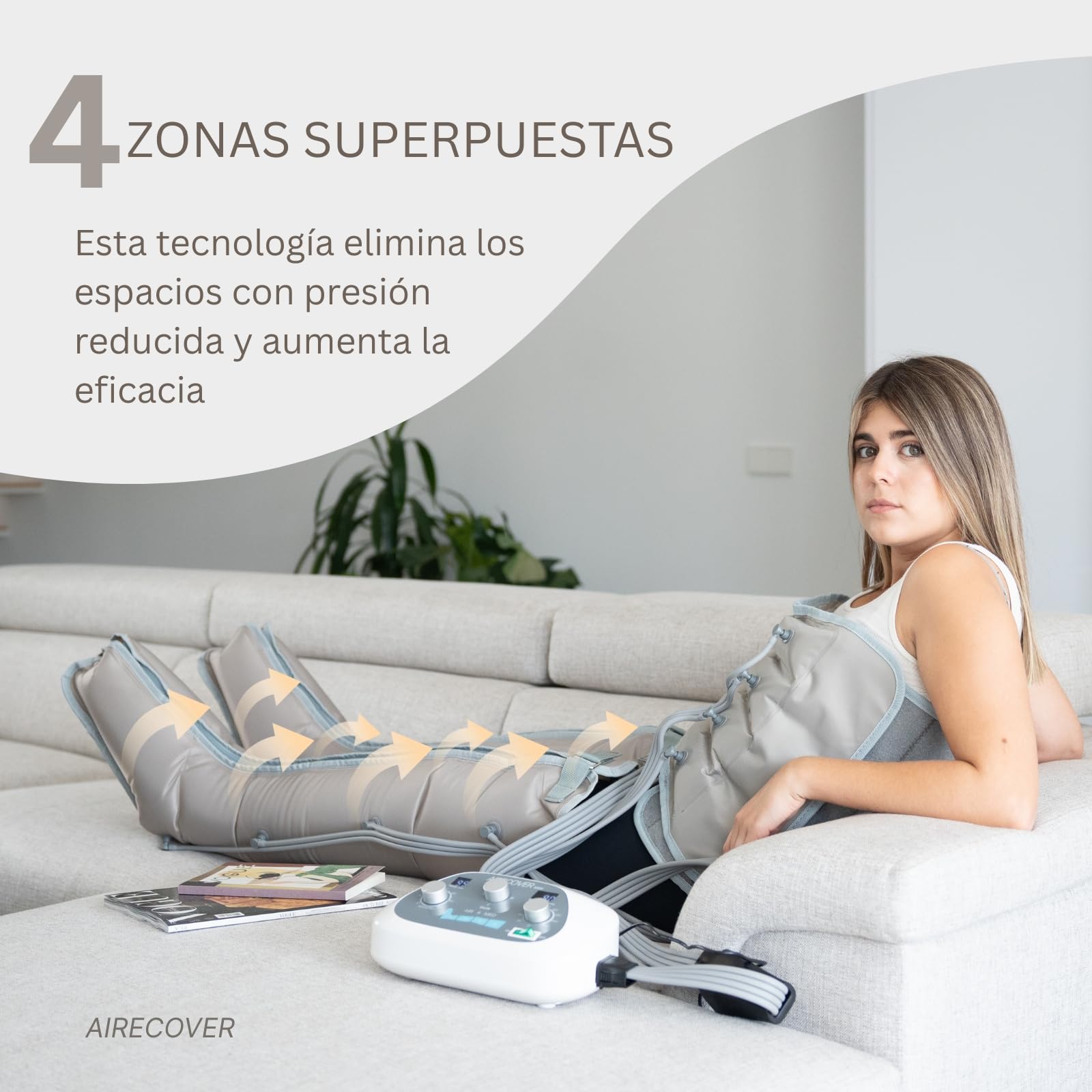Presoterapia para Casa, para Piernas y Pies Cansados, 4 Cámaras Superpuestas, Favorece la Circulación y el Drenaje Linfático, Fácil de Usar, Eficacia Avanzada (Dispositivo, Perneras, Faja y Brazo)