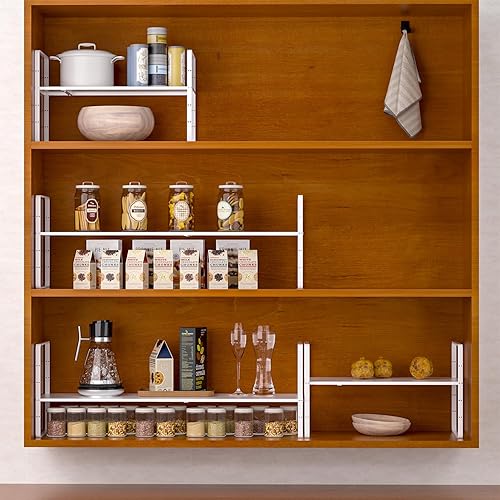 Miniatura 6 de Paquete de 2 organizadores de estantes de gabinete de cocina expandibles, estantes de almacenamiento de despensa de metal apilables, estante