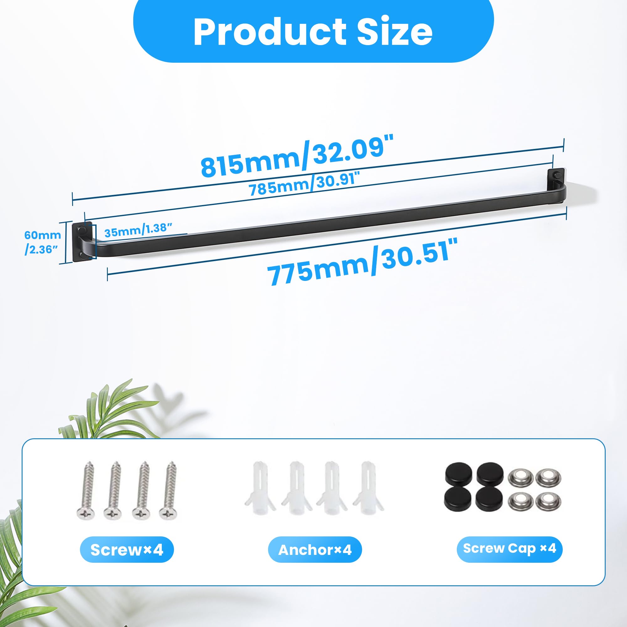 Mooche Toallero negro montado en la pared, soporte para toallas de mano de 80 cm, barra de toalla individual de acero inoxidable SUS304 para baño, cocina y hogar