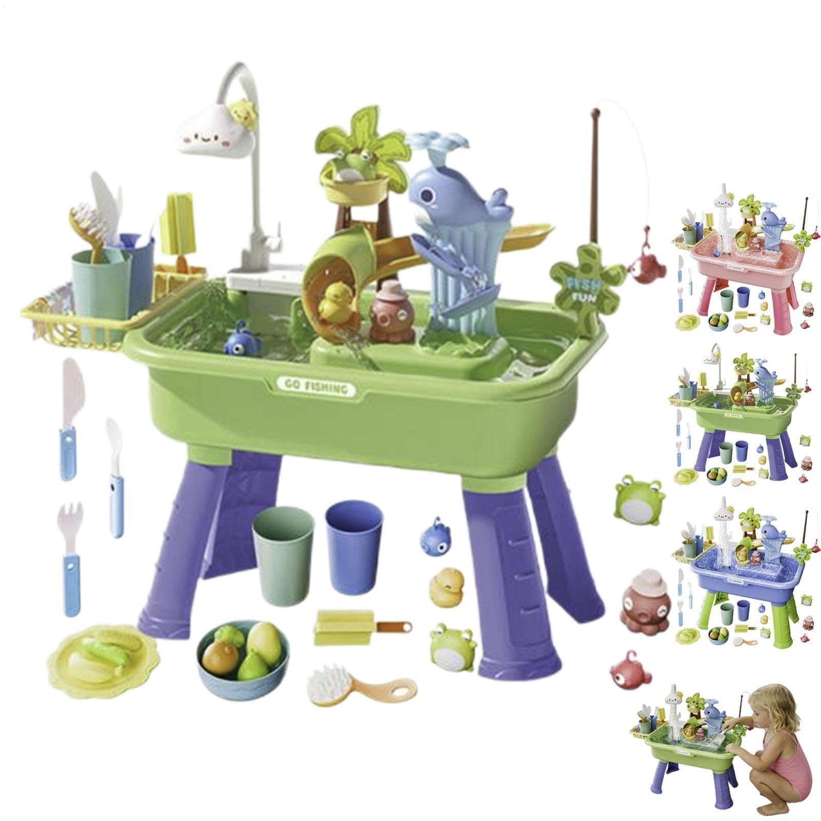 Mesa de Agua para niños, Conjunto de Juegos 4 en 1 con Bomba y Agua Corriente, Fregadero de Arena, Exterior