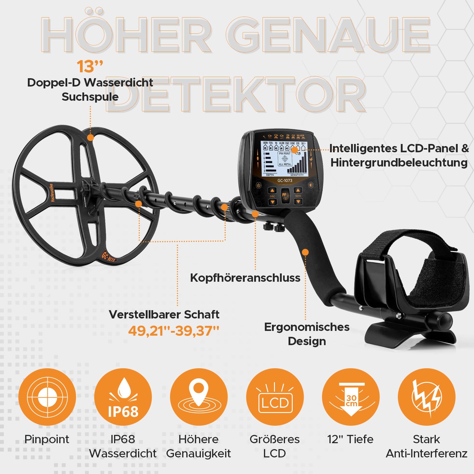 Hazlewolke 13''/33CM Metalldetektor Profi mit großer wasserdichter Doppel-D Suchspule, hoher Empfindlichkeit & Pinpointer-Funktion, Golddetektor für Erwachsene mit LCD-Anzeige