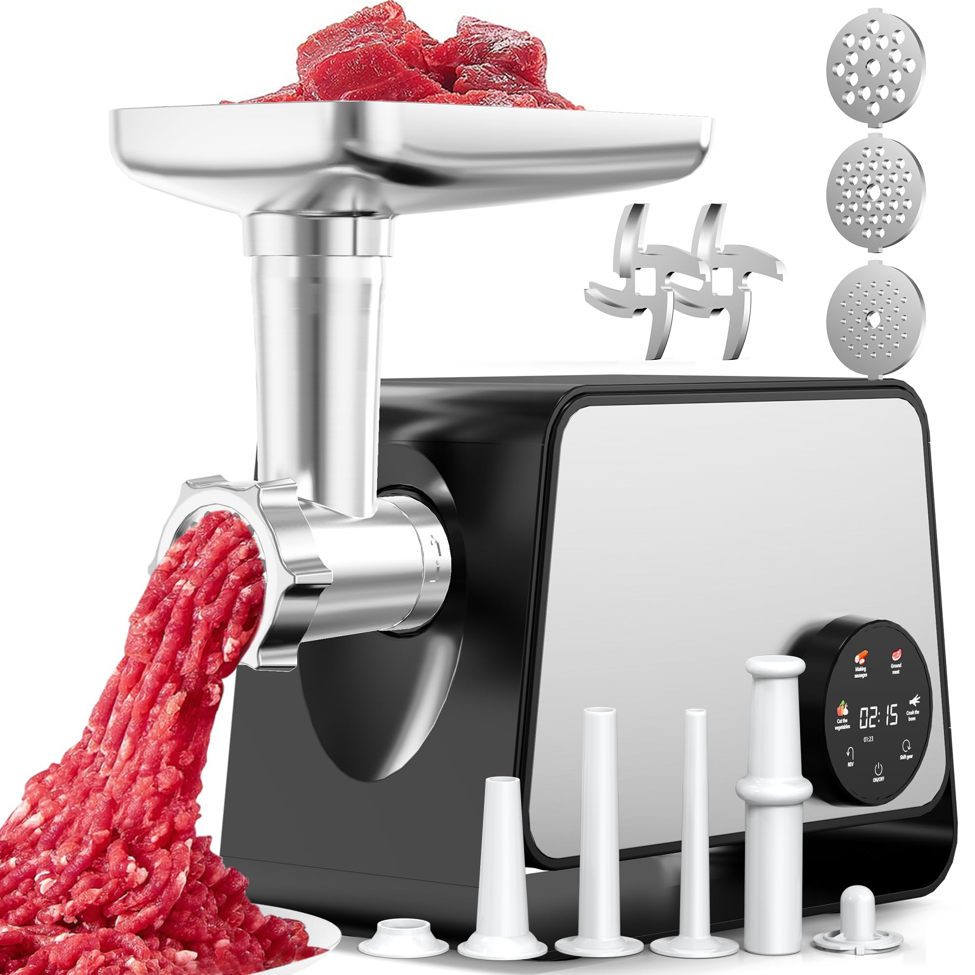 LOSRSWA electric meat grinder with touch screen and sausage tubes in black