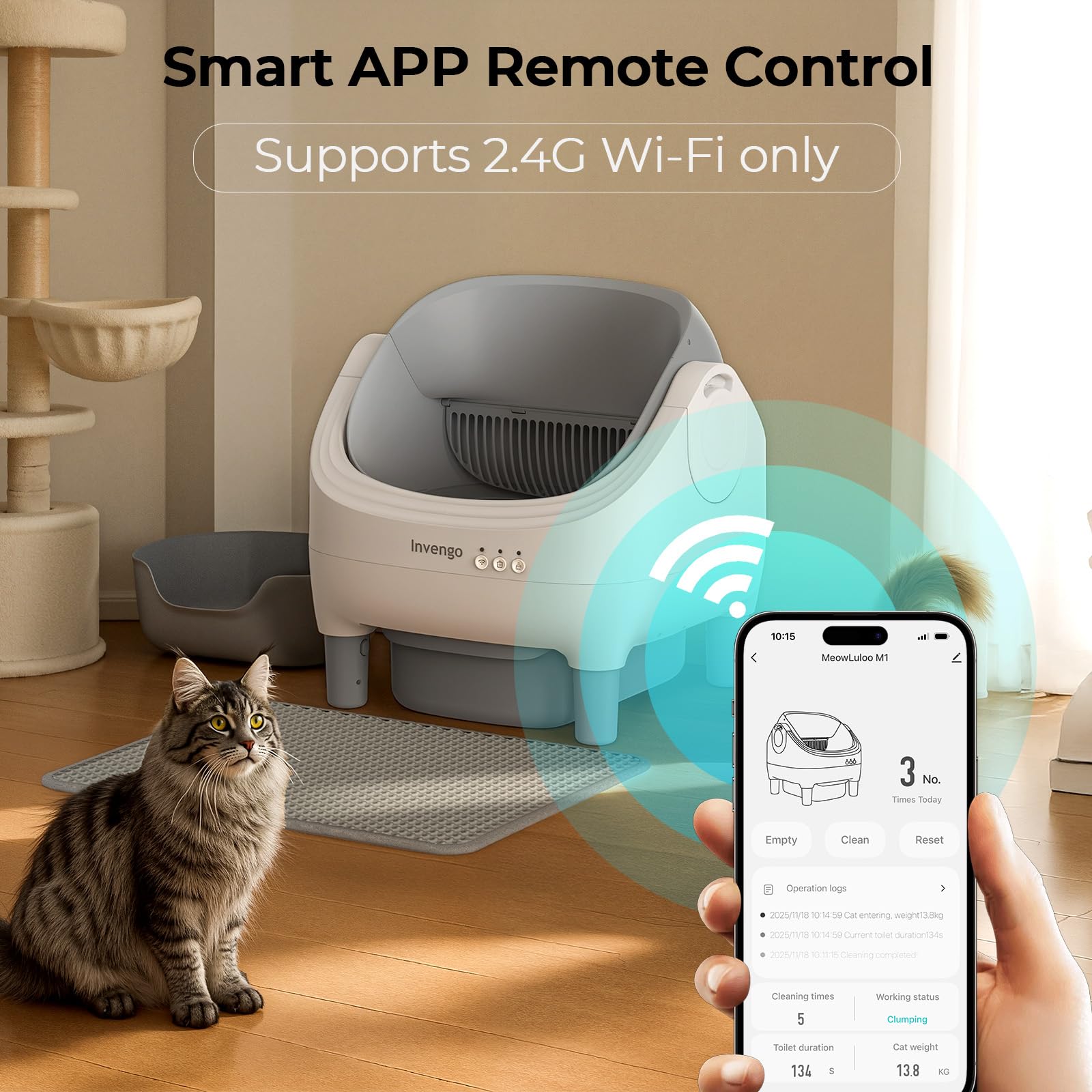 Invengo Automatic Cat Litter Box Self Cleaning, App Control, Open-Top Automatic Litter Box with Safety Sensors, Ultra-Quiet, 10.5L Waste Bin with Odor Control, 2 Rolls of Garbage Bags, LightGrey - image 2