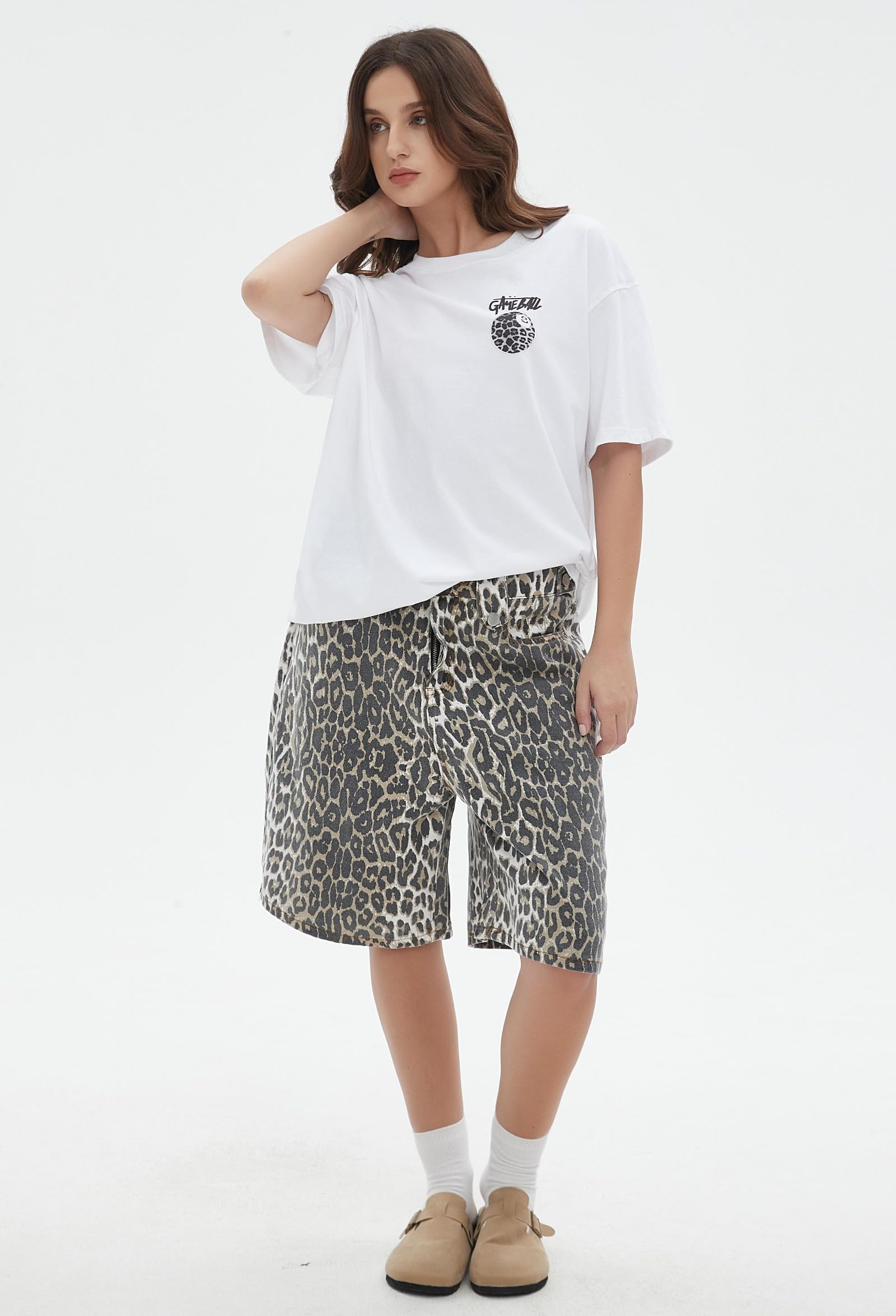 Jorts leopardato unisex da donna, pantaloncini larghi con ghepardo vintage, gamba dritta, jeans casual Y2K Streetwear