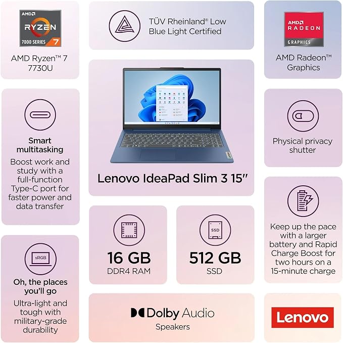 Lenovo Idea Pad 3 Touch Laptop in Blue AMD Ryzen 7 8-core up to 4.6Ghz 15.6in FHD 16GB RAM 512GB SSD Win 11 miniatura 2