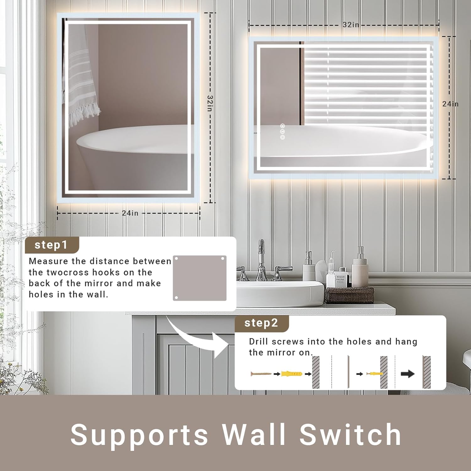 36"x 36" LED Bathroom Mirror with Stepless Dimmable, Backlight Wall Mirrors with Anti-Fog Bathroom Digital Mirror for Wall, 3 Color Modes, Memory Function Smart Mirror