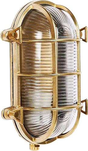 Sunluck Luz de mamparo de latón puro, lámpara de pared náutica ovalada de rejilla, pantalla de latón, luz de montaje en techo, luz de sauna de latón