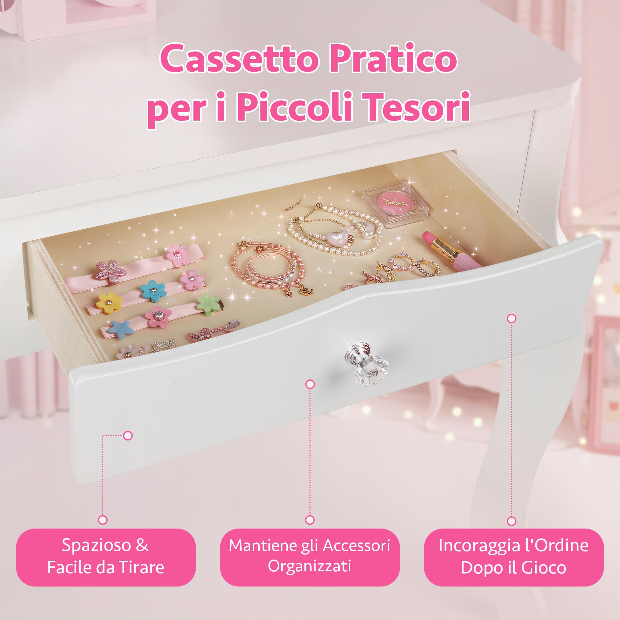Green series Tavolo da toeletta per bambini in legno con specchio e sgabello, tavolo da toalet con cassetto e adesivi, per bambini, in legno, per la cameretta dei bambini, idea regalo per ragazze
