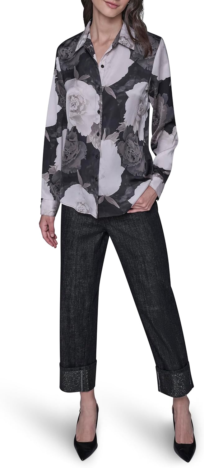 Karl Lagerfeld Womens Long Sleeve Collared Neck Floral Printed Button Down - Image 2