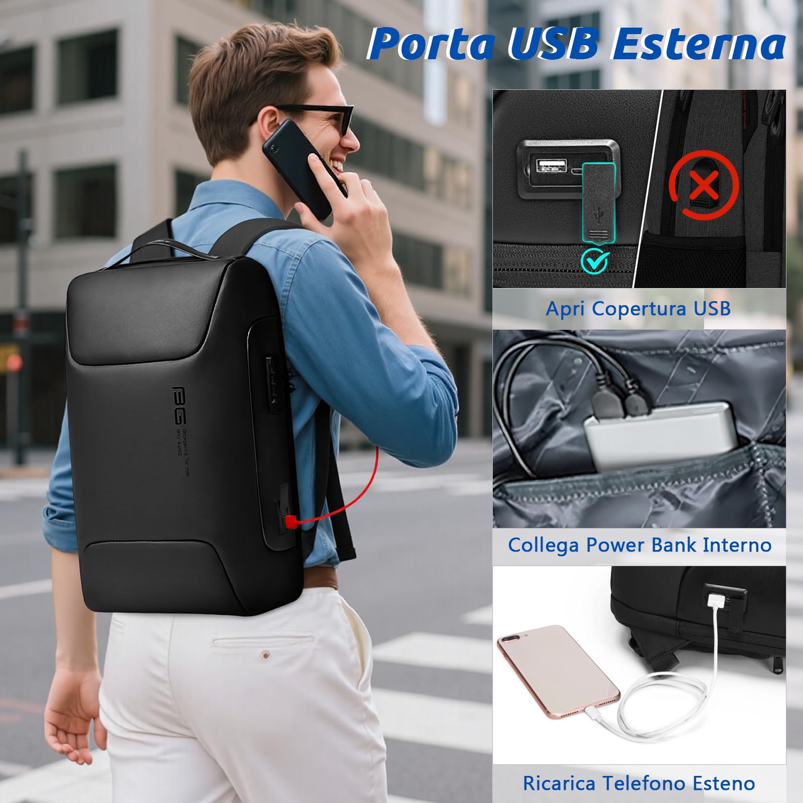 VARLIVOO Moda Uomo Zaino USB Port Parola d'ordine Serratura Antifurto Zainetto 15,6" Laptop Uomo Borse Lavoro Viaggio Scuola Impermeabile Polyester Nero