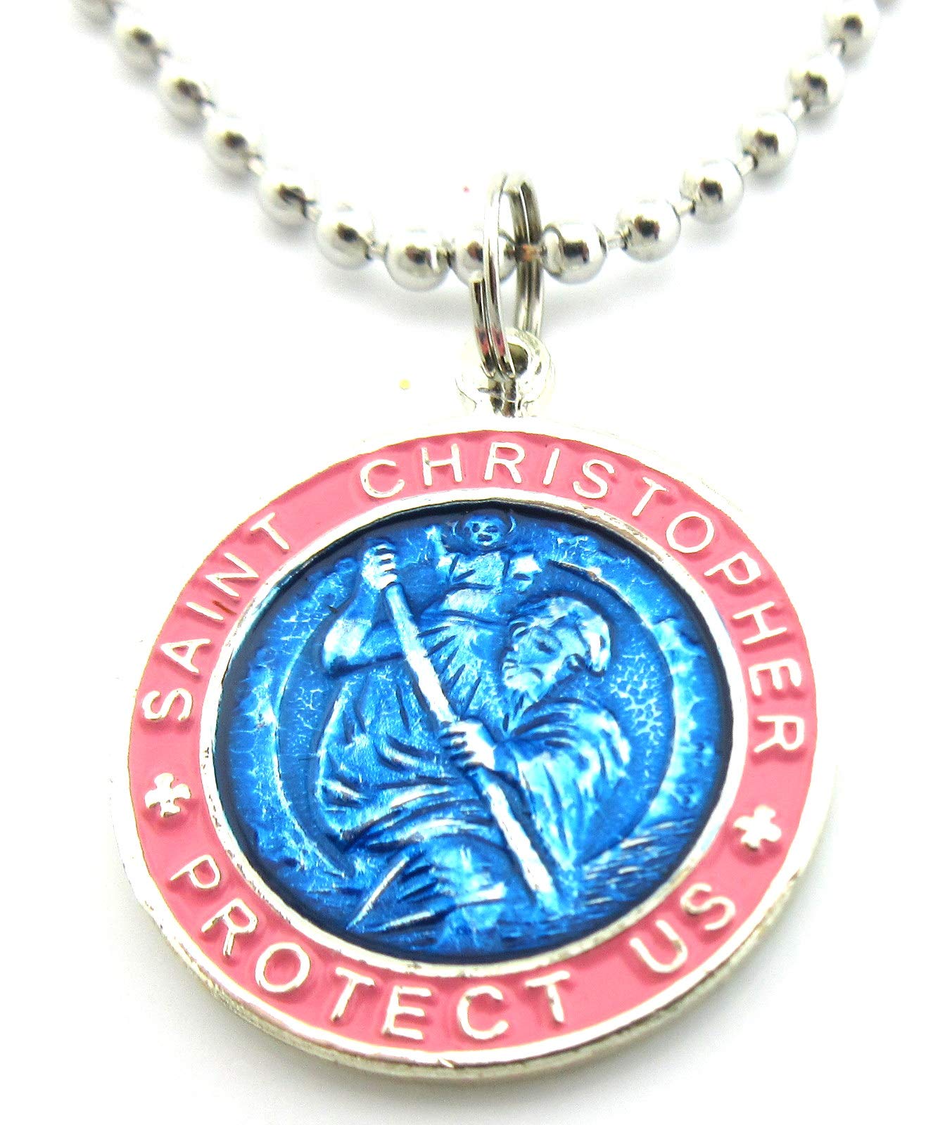 Baja Billy's St. Christopher Large Surf Medal Necklace Pendant, Protector of Travel rb-pi Royal Blue-Pink