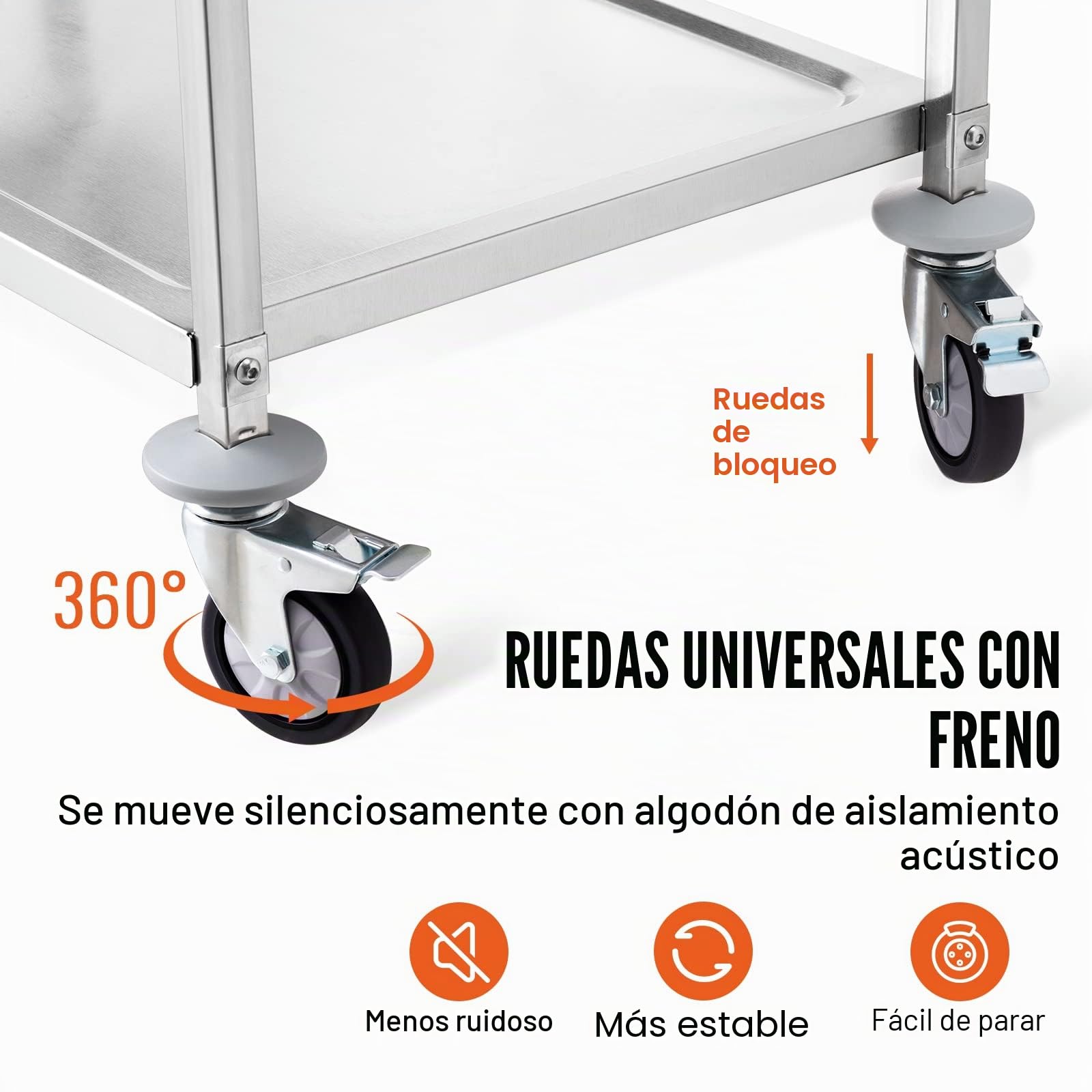 VEVOR Carro con Ruedas de 3 Niveles Carro de Almacenamiento Multifuncional de Acero Inoxidable 94x49,5x93 cm Carga 100 kg Ruedas con Bloqueo 6 Ganchos para Almacenamiento Lavadero Cocina Restaurante