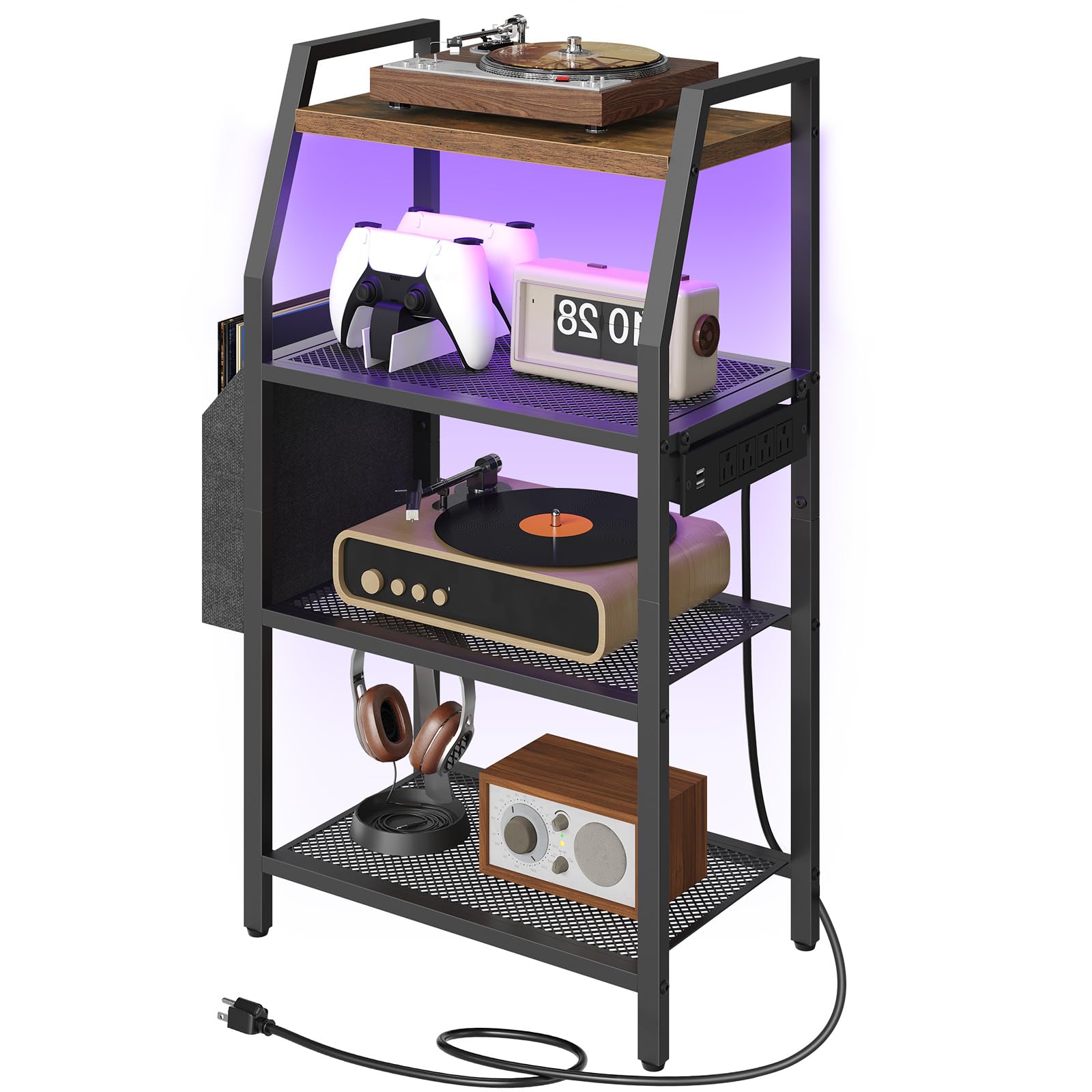 MAHANCRIS Game Console Shelf, Gaming Console Stand with Outlet & LED Lights