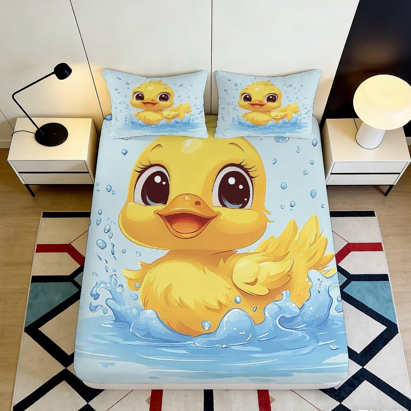 3D Printed Cute Yellow Duck Fitted Sheet Microfiber Non-Slip Cartoon Duckling Bed Cover for Bedroom Dorm Mattress Protection 140x200x25cm