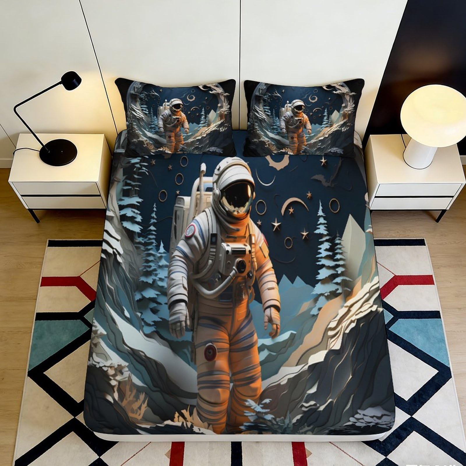 3D Printed Astronaut Adventure Fitted Sheet Microfiber Soft Breathable Space Exploration Bed Cover for Bedroom Dorm Decor 90x200x25cm