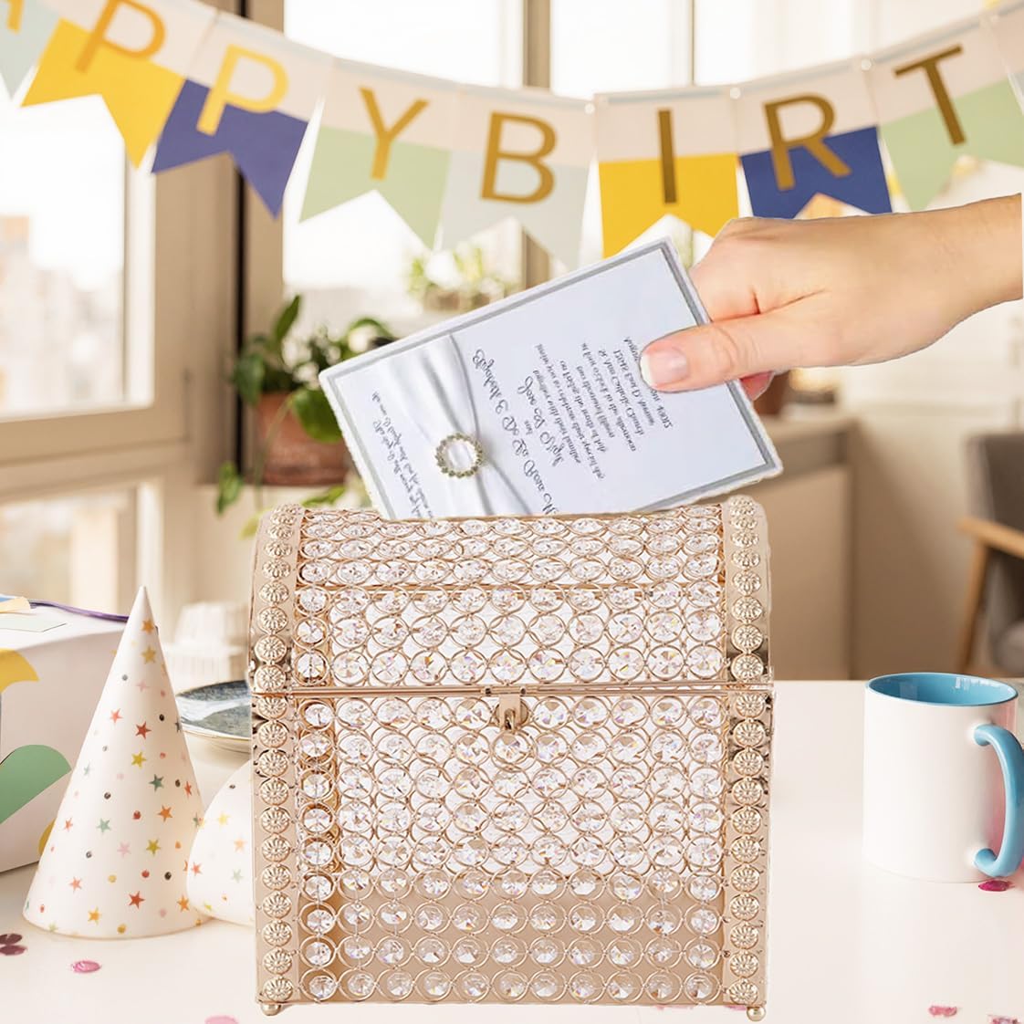 Glittery Crystal Bead Wedding Card Box with Lock, Elegant Gift Card Box for Wedding Reception for Party Graduation Birthday Baby Shower Decorations (Gold)