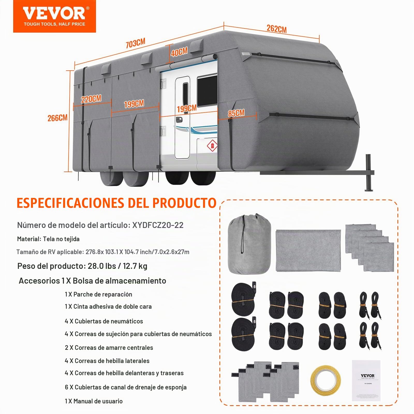 VEVOR Funda para Caravana de Tela no Tejida de 4 Capas, Resistente al Viento y Antidesgarro, Clase A, con Bolsa de Almacenamiento, Parches de Reparación, Correas y Fundas Neumáticos, 7,0 x 2,6 x 2,7 m