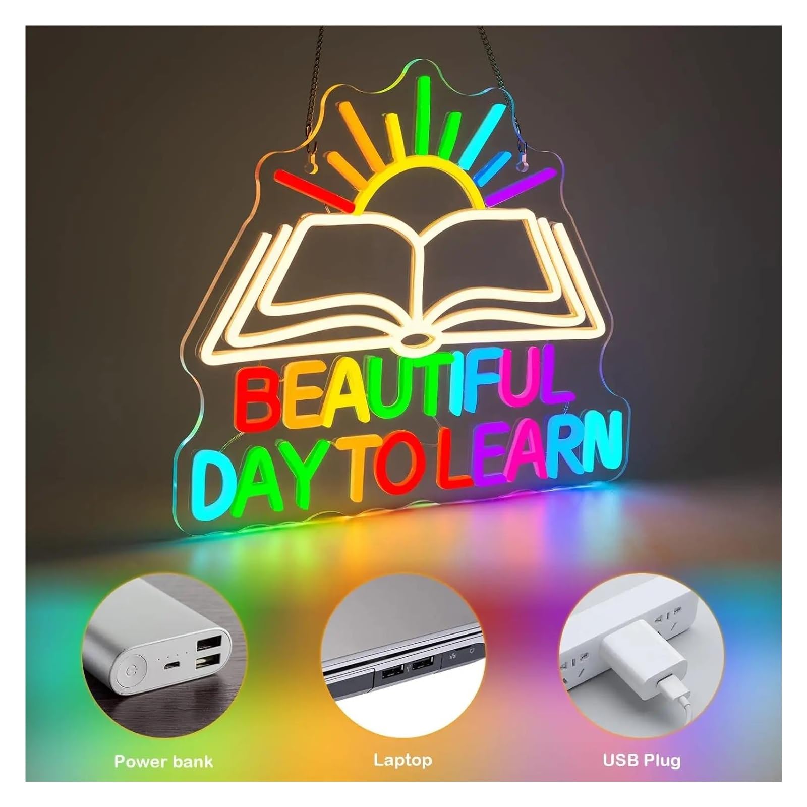Insegna al Neon Beautiful Day To Learn Insegna Al Neon Luce LED Alimentata Tramite USB Per La Lettura Angolo Aula Studio Biblioteca Arredamento 38cmx32cm