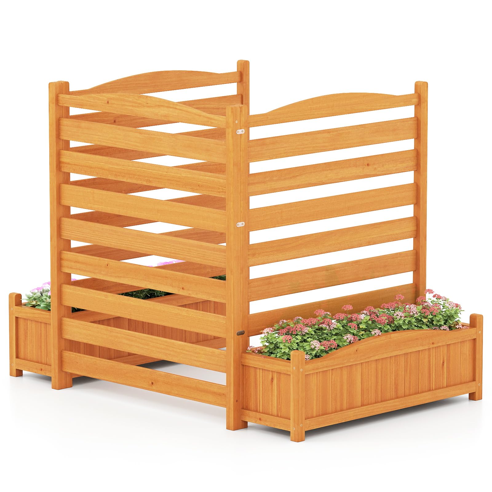 TANGZON Raised Garden Bed with Trellis, 2/3-Panel Wooden Privacy Screen with Planter Boxes & Drainage Holes, No-Dig Air Conditioner Fence Enclosure, Outdoor AC Fence Cover for Trash Cans (3-Panel)