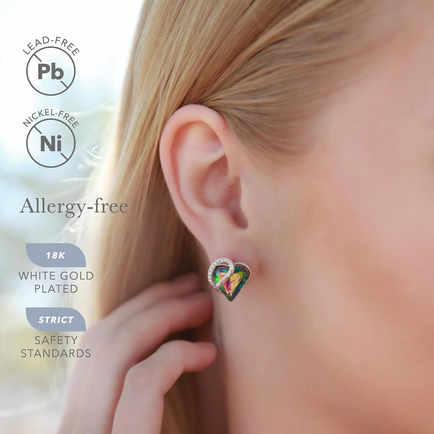 Earrings for Women, Mothers Day Gift for Mom, Heart Birthstone Crystal Stud Earring, Silver Plated Birthday Jewelry 14-Healing Stone for Protection-Rainbow Tourmaline Black image 2 of 6 B07Z6MLH6Y