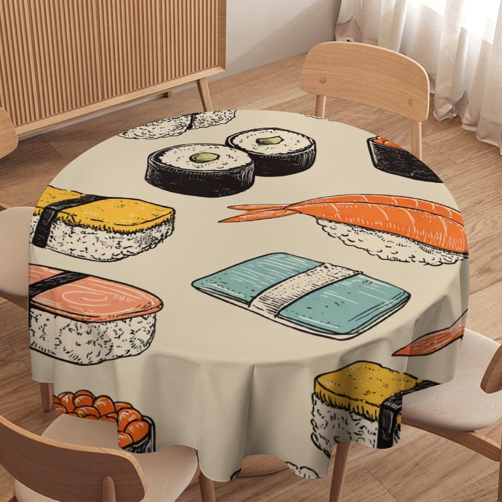 LUYYSKY Beautiful Abstract Sushi Round Tablecloth Retro Cartoon Japanese Food Sushi Print Washable Decor for Table Cover for Kitchen-91.4" Wx91.4 L cm