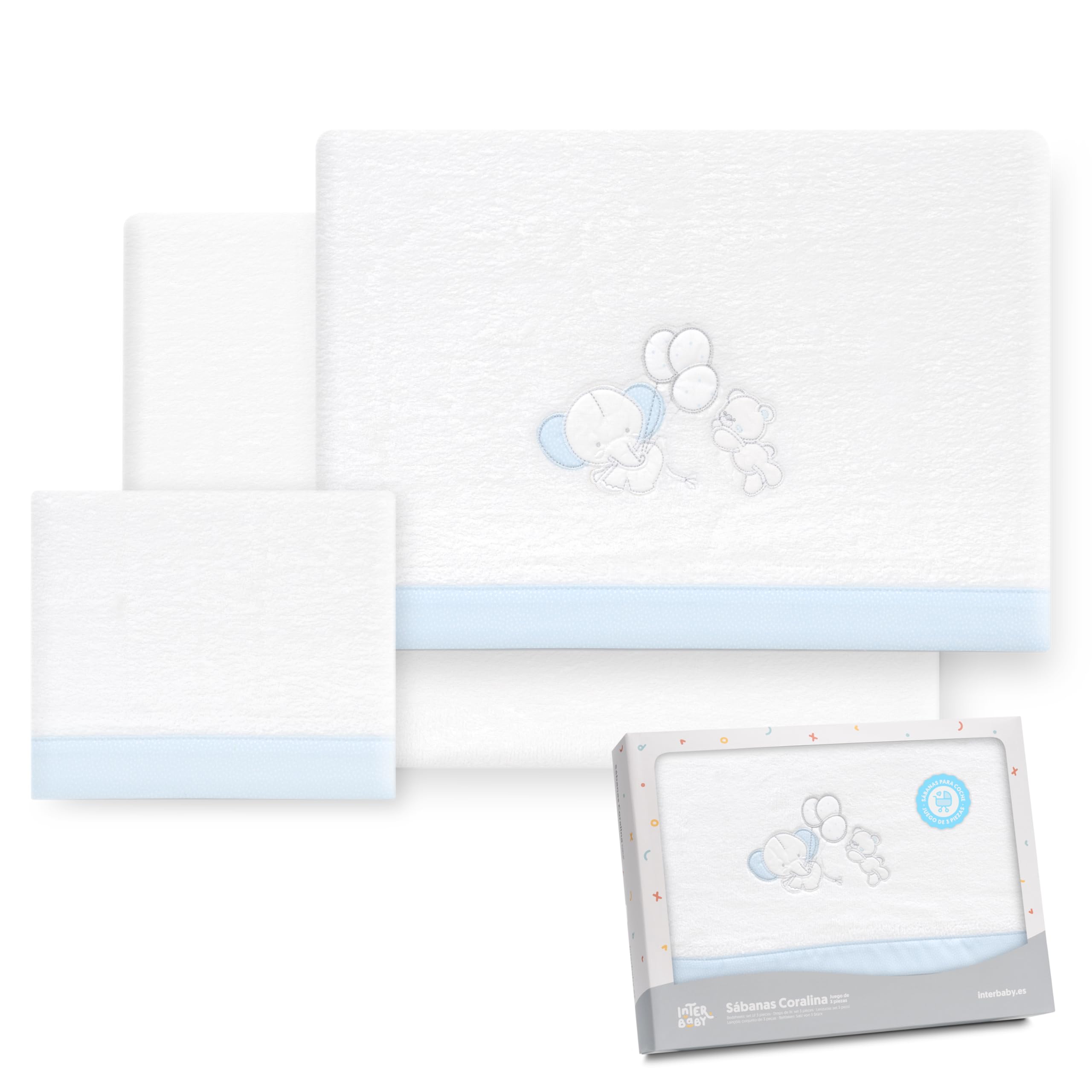 Interbaby Bettwäsche für Kinderwagen, 40 x 80 cm, Baby – Winter-Bettwäsche aus Coralina-Stoff – Modell Elefant Ballon Herz – enthält Bettlaken + Bettlaken + Kissenbezug