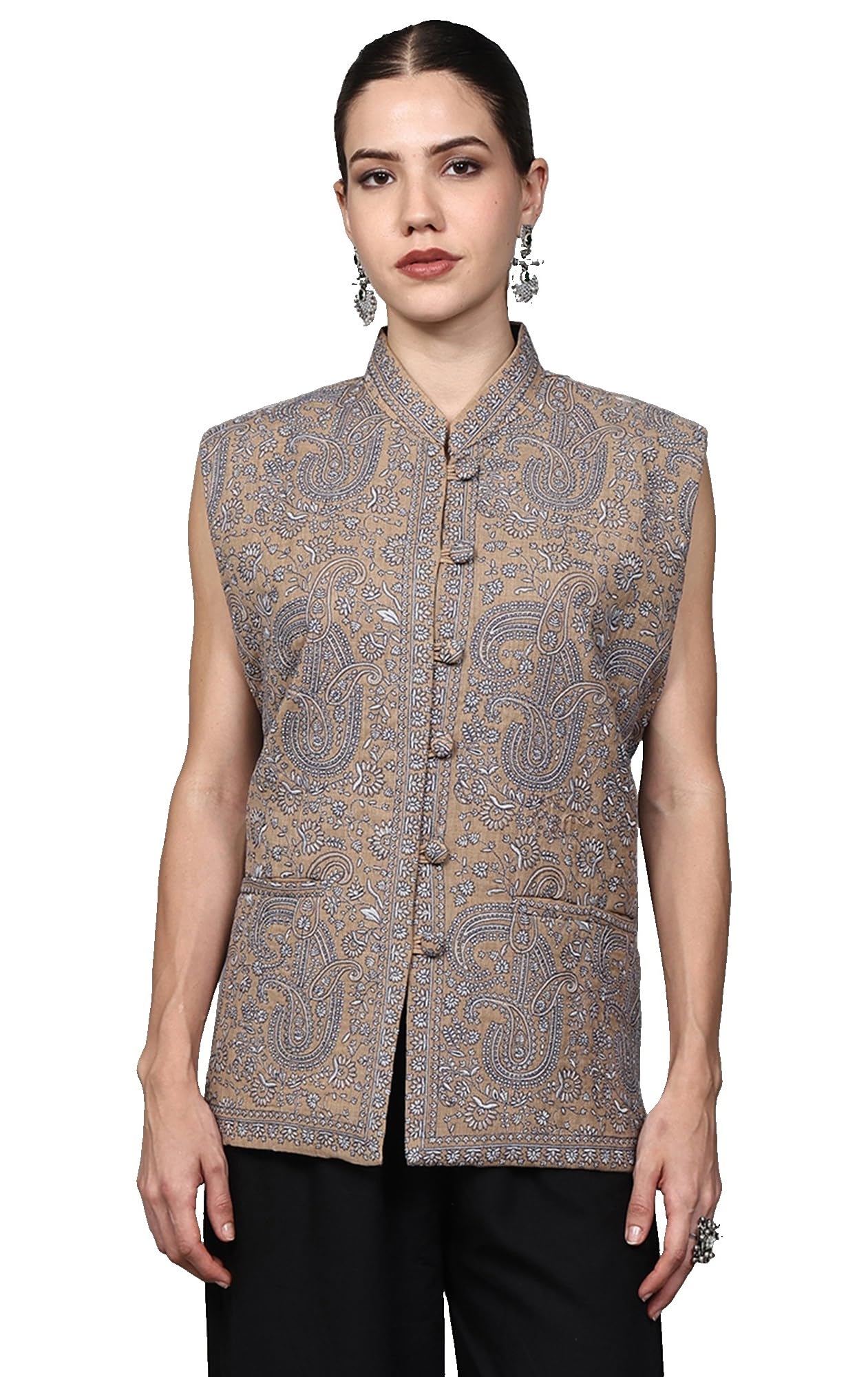 exotic india Women's Pure Wool Sleeveless Jacket with All-Over Thread Embroidered Paisleys Design Coat, Jacket with Front Pockets-picture-26