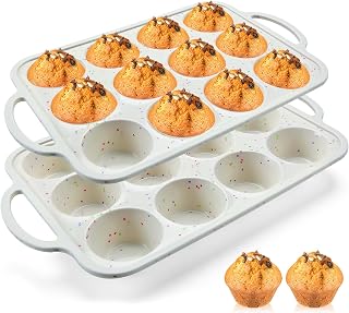 Vinino 2-Pack Silicone Muffin Pans with Metal Reinforced Frame - 12 Cup Nonstick BPA-Free Cupcake Baking Trays, Oven Dishwasher Safe