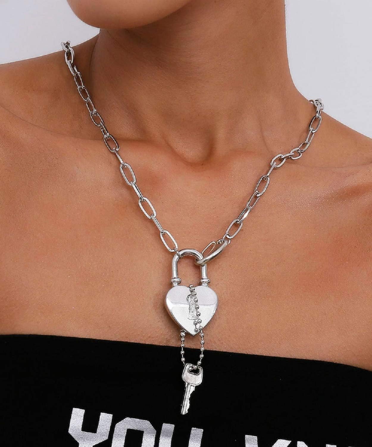 Women Girls Heart Lock Pendant Necklace Fashion Choker Necklace Silver