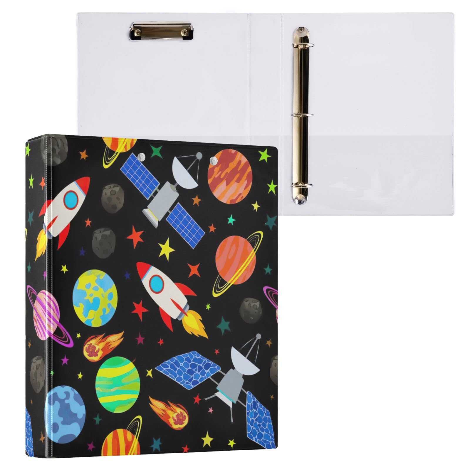 Cute Cartoon Rockets Black 3 Ring Binder, Flexible D Ring Binder with Pockets, 3 Ring Binders for School, College, Office (2 Pack)