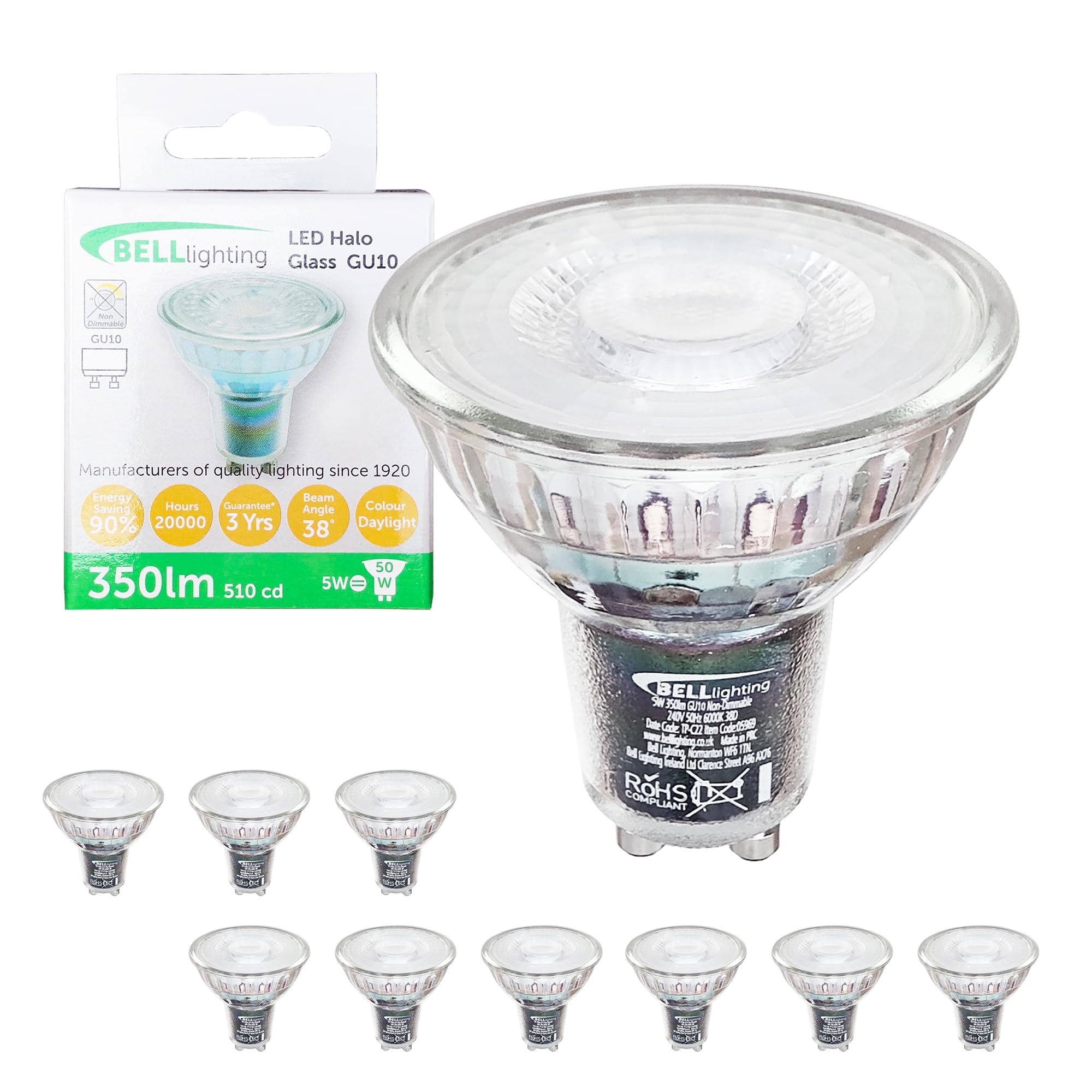 Bell Lighting LED GU10 Bulb 5W, Day Light 6000K, Non-Dimmable, Pack of 10