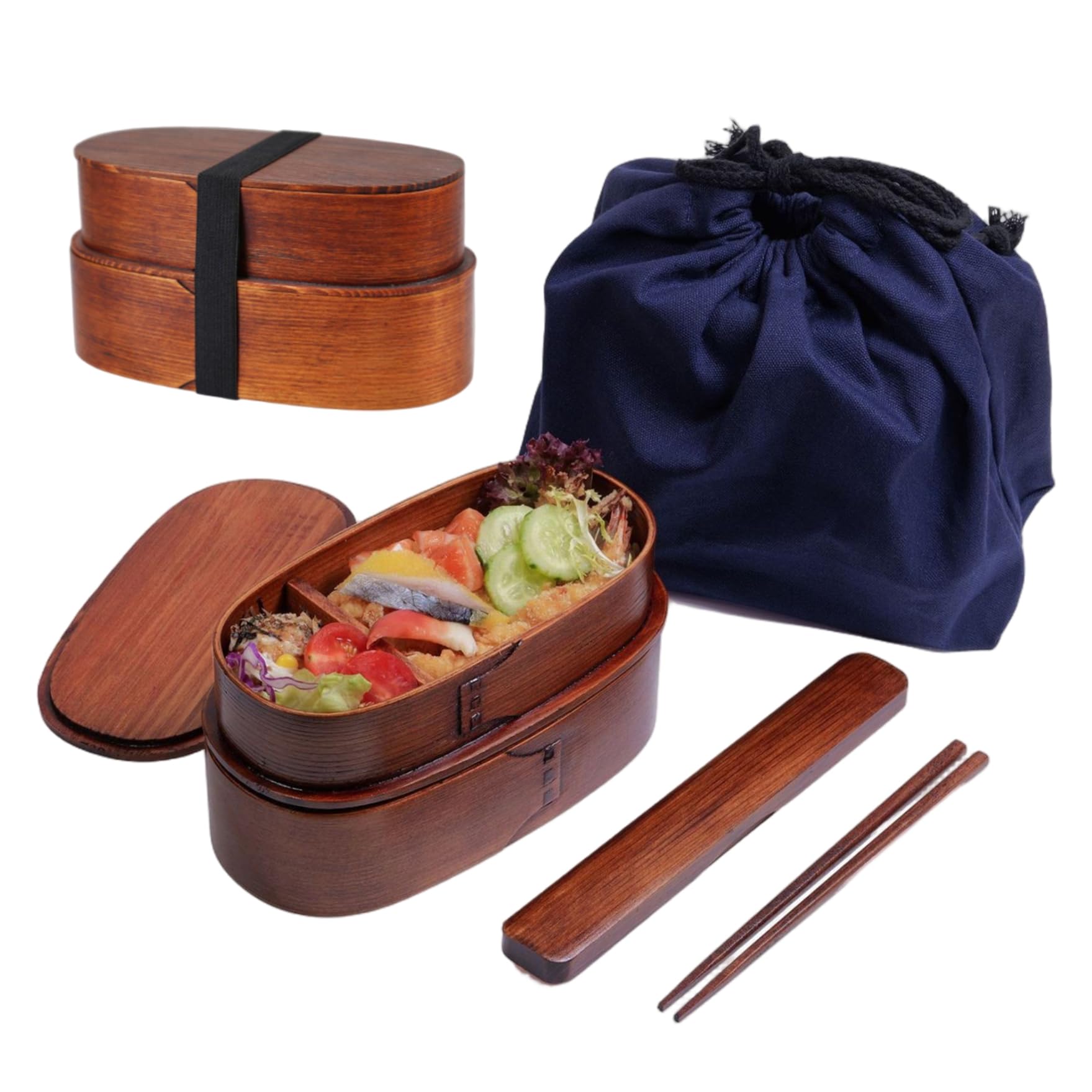 Boîte à lunch japonaise à 2 niveaux en bois avec vaisselle et sac
