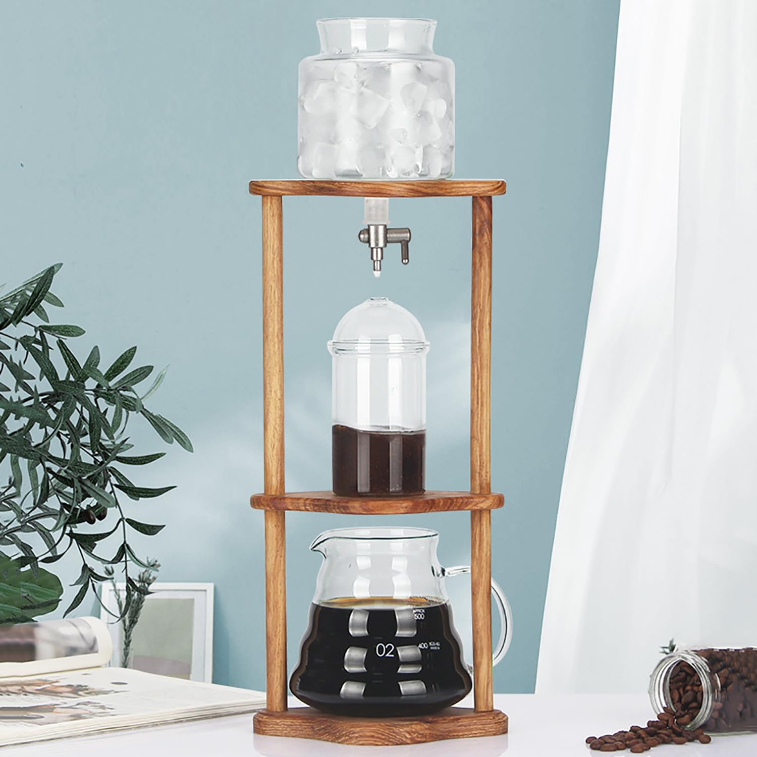 Macchina per caffè americano Brew Tower, Caffettiera a goccia fredda con caraffa in vetro, supporto in legno, valvola in acciaio inossidabile, diverse misure(600ml)