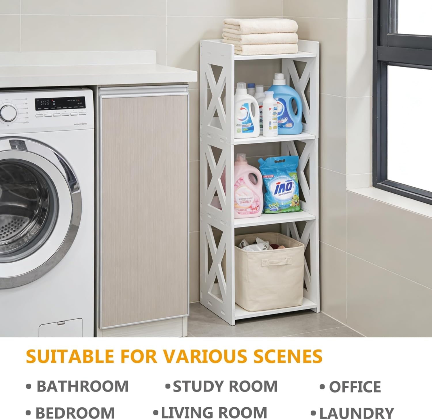 Small Bathroom Storage Corner Shelf, Waterproof PVC Narrow Floor Stand, Slim Gap Filler Organizer for Toilet Side, Laundry Room, Shower, Kitchen Spice Rack, White Restroom Holder (4-Tier)