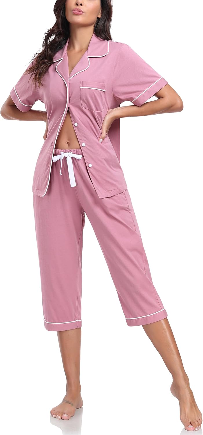 COLORFULLEAF 100% Cotton Women's Pajama Sets Short Sleeve Capri Pajamas for Women Set Button Down Pjs Soft Sleepwear Summer