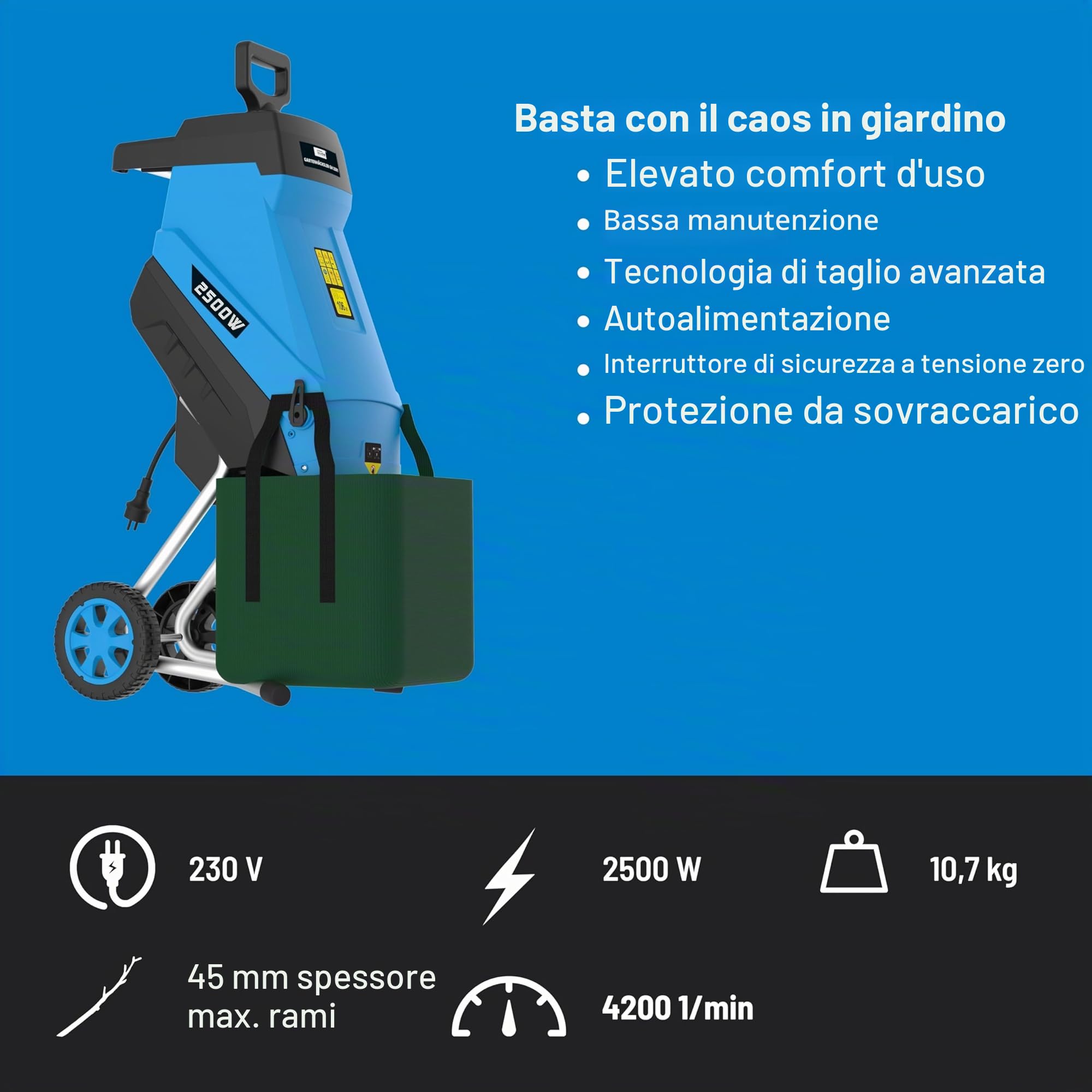 Güde Trituratore da giardino GH 2501 (2500 W, tecnologia a coltello, bassa manutenzione, autoalimentatore, ruote di trasporto, fusibile di sovraccarico, spessore massimo 45 mm, con sacco di raccolta