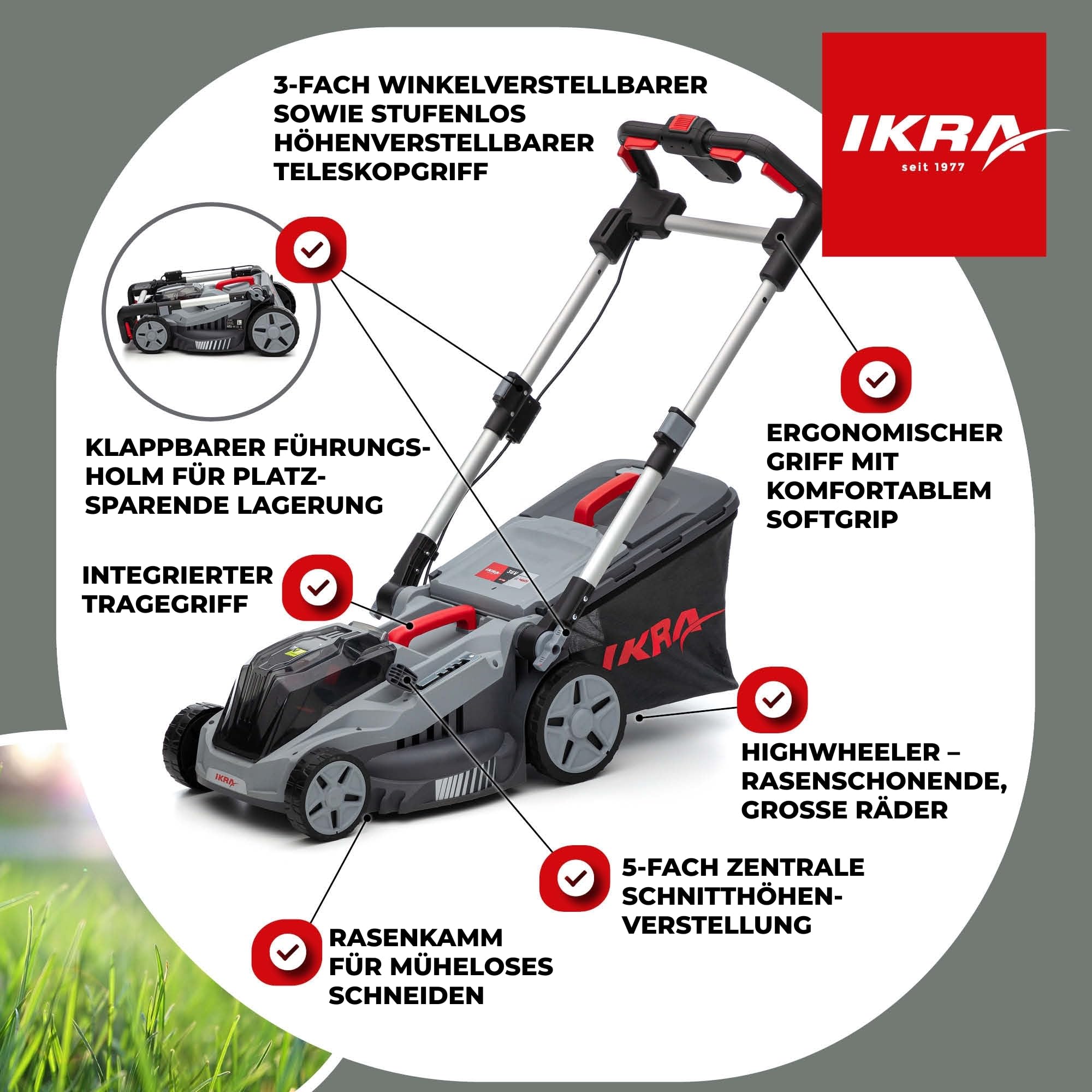 IKRA Rasenmäher IB-LM 38, 3in1, Breite 38cm, ohne 36V Akku & Ladegerät | Kompatibel mit Bosch, Rasenflächen bis 400m², Schnitthöhe 30-75mm, Fangkorb 42l, Batterieladeanzeige am Griff, inkl. Mulchkit