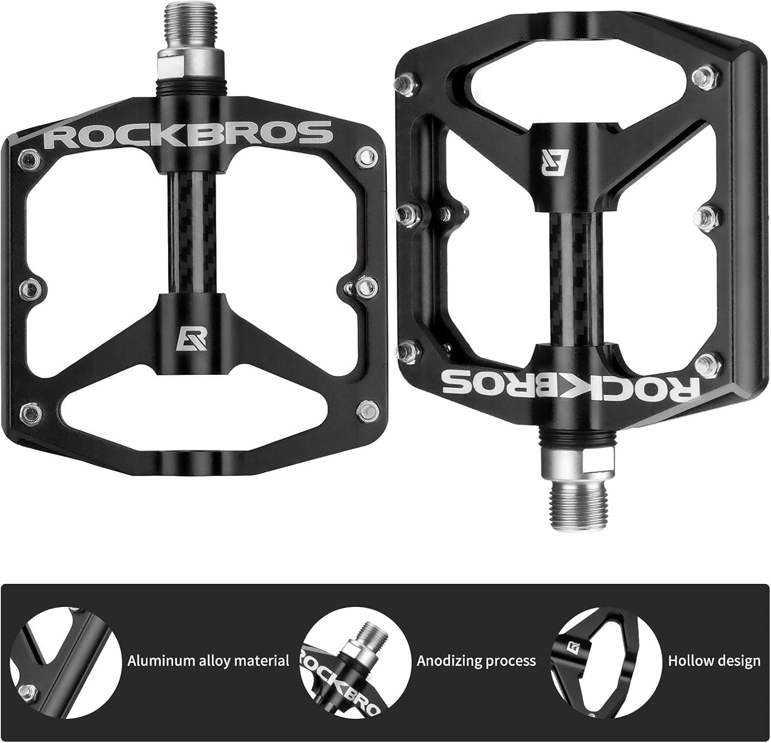 Rock BROS Mountain Bike Pedals Flat Bicycle Pedals 9/16 Lightweight Road Bike Pedals Carbon Fiber Sealed Bearing Flat Pedals for MTB