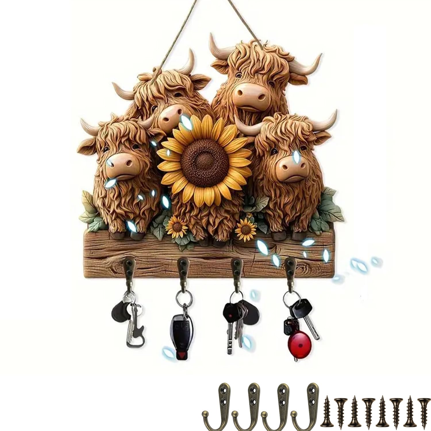 DomoJoy Highland Cow Gifts Ornaments Key Holder, Wooden New Home Highland Cow Kitchen Accessories, with 4 Hooks for Wall Door Entryway Hallway Farmhouse