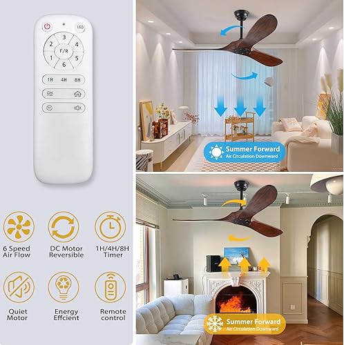 Miniatura 4 de YKXONFA Ventiladores de techo de madera maciza sin luz, ventilador de techo moderno de nogal de 52 pulgadas para interiores y exteriores, con 6